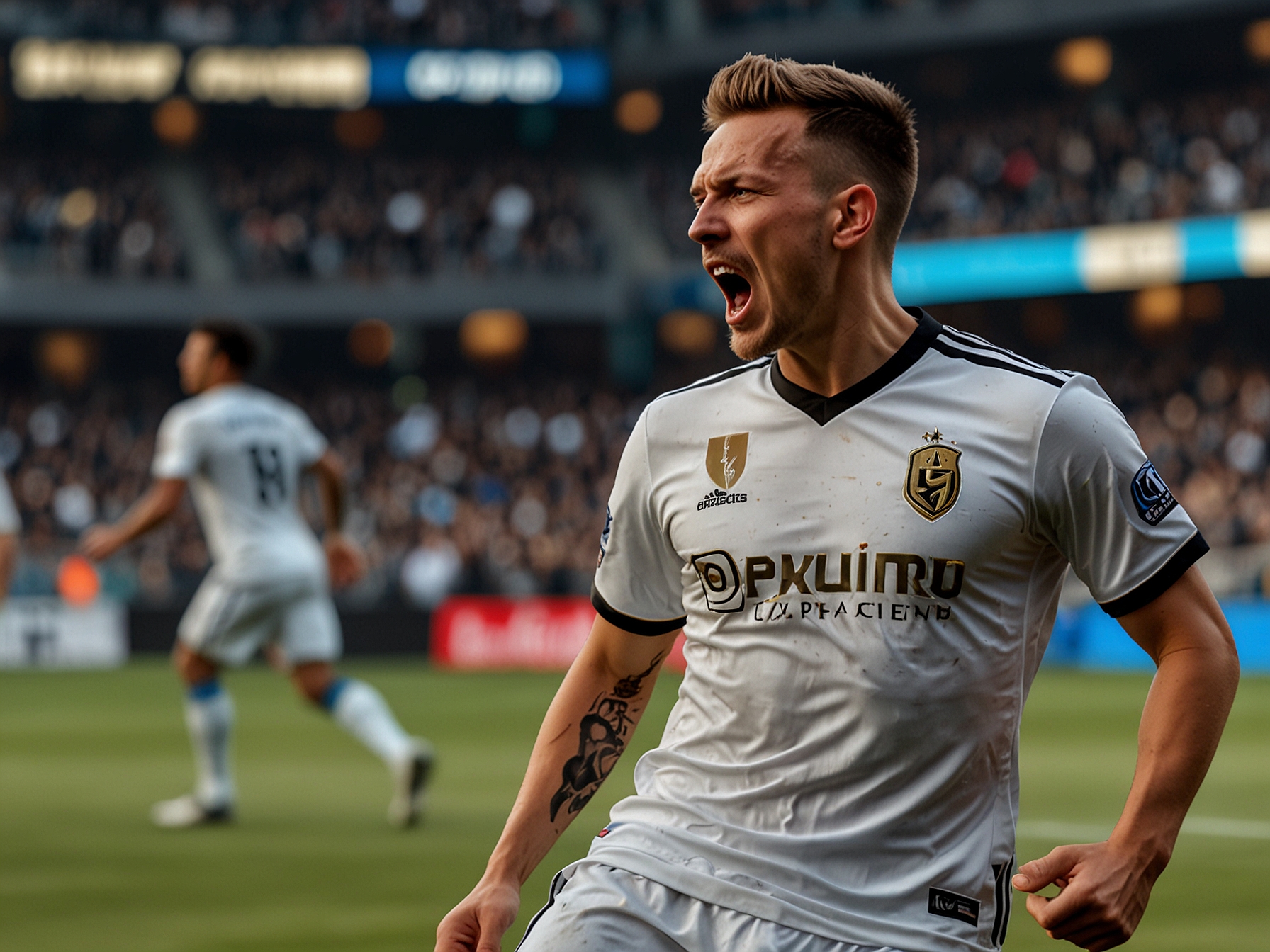 Mateusz Bogusz taking a powerful shot on goal during the LAFC's match against the San Jose Earthquakes. The image highlights his critical role with two goals and an assist in the game.