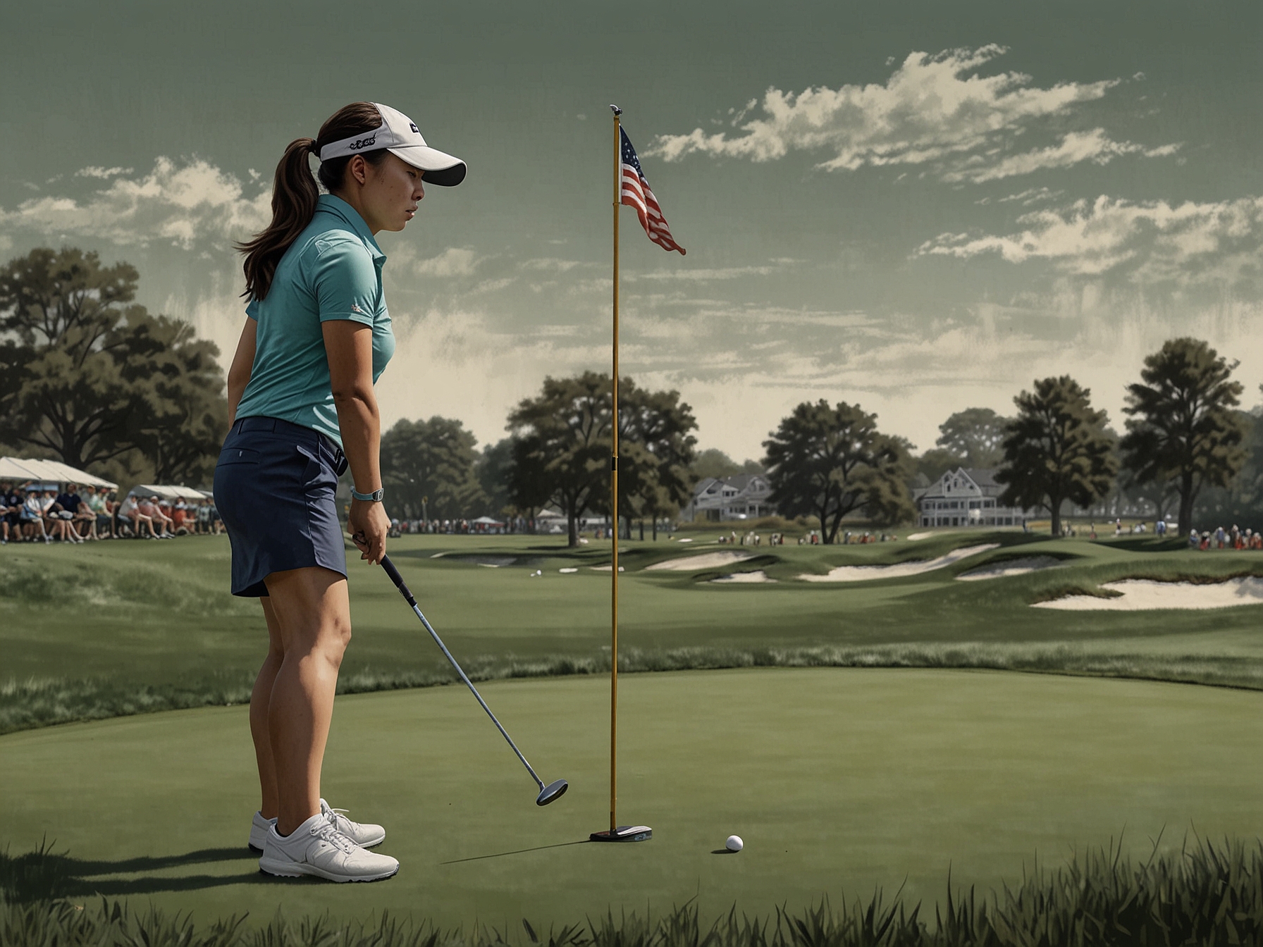 Amy Yang executing a precise putt on the green, showcasing her composed and focused approach during the Women’s PGA Championship. Her minimal errors have placed her in the lead.