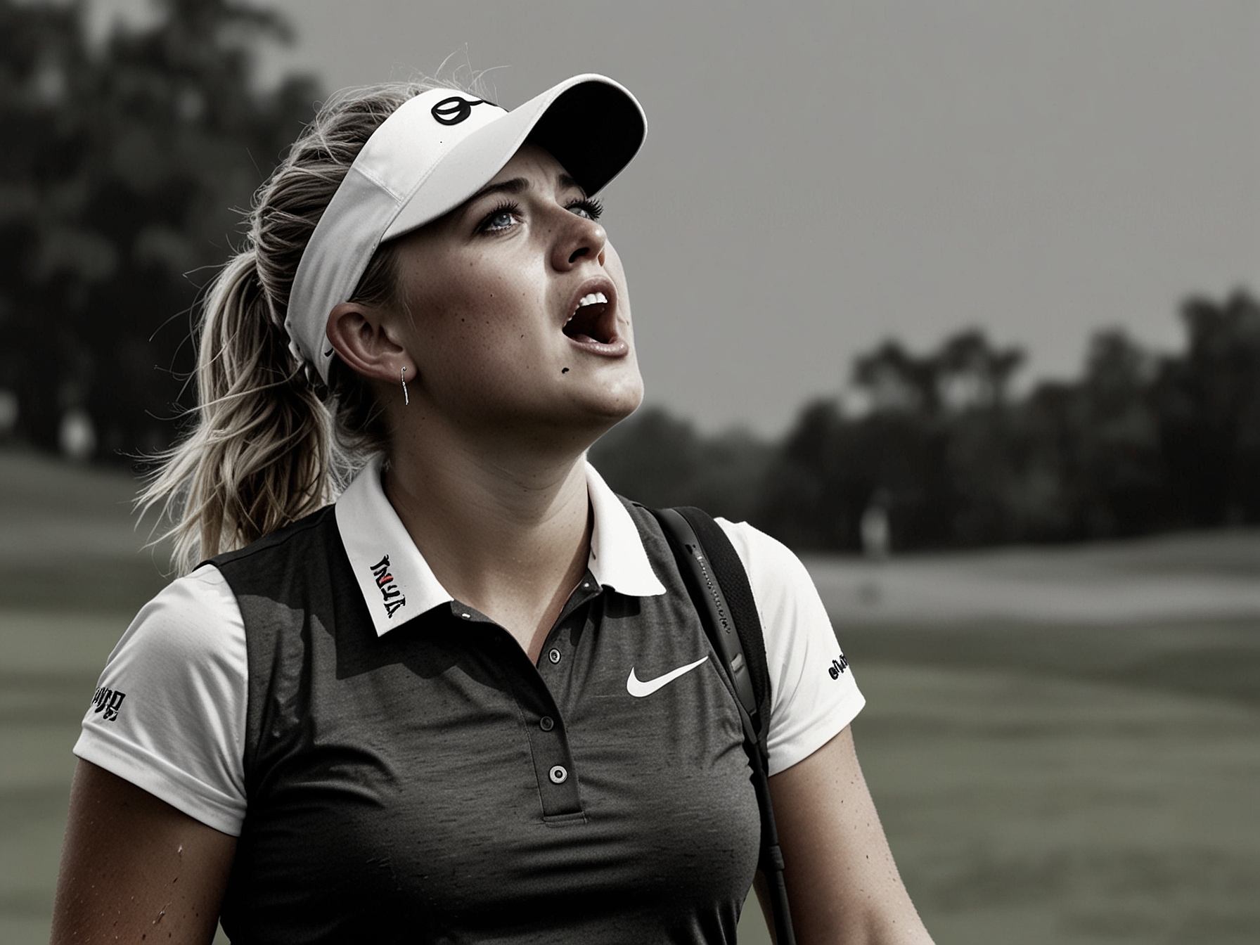 Charley Hull reacts in frustration after a misjudged putt on the 16th green, a crucial moment that impacted her round at the Women’s PGA Championship. Her intense determination is evident.