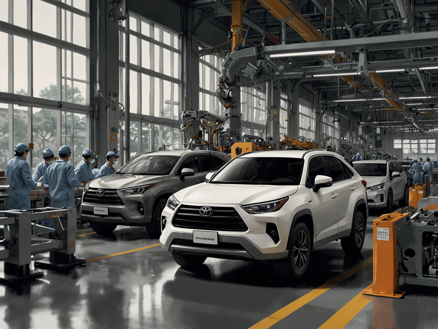 An image showing a Toyota factory production line halted, representing the impact of global semiconductor shortages on the company's operations and supply chain disruptions.