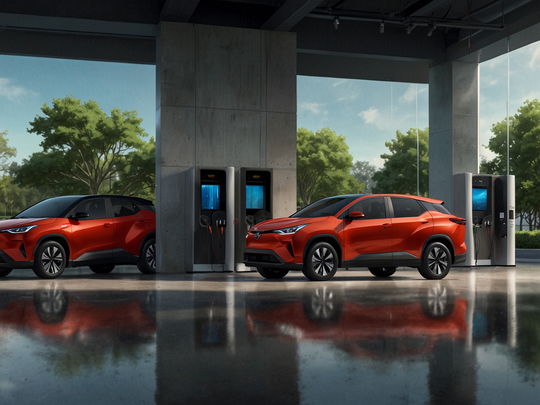 An image illustrating Toyota's ambition in the electric vehicle market with a lineup of new battery electric models, emphasizing its commitment to sustainable transportation.