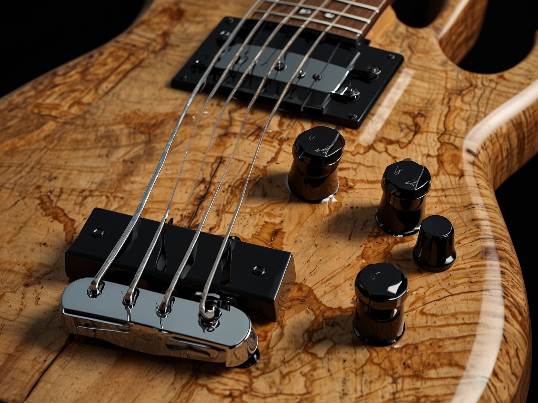 A close-up view of the Ibanez EHB1005MS bass guitar, highlighting its Bartolini BH2 pickups and Poplar Burl top, emphasizing the instrument's aesthetic elegance and versatile tonal depth.