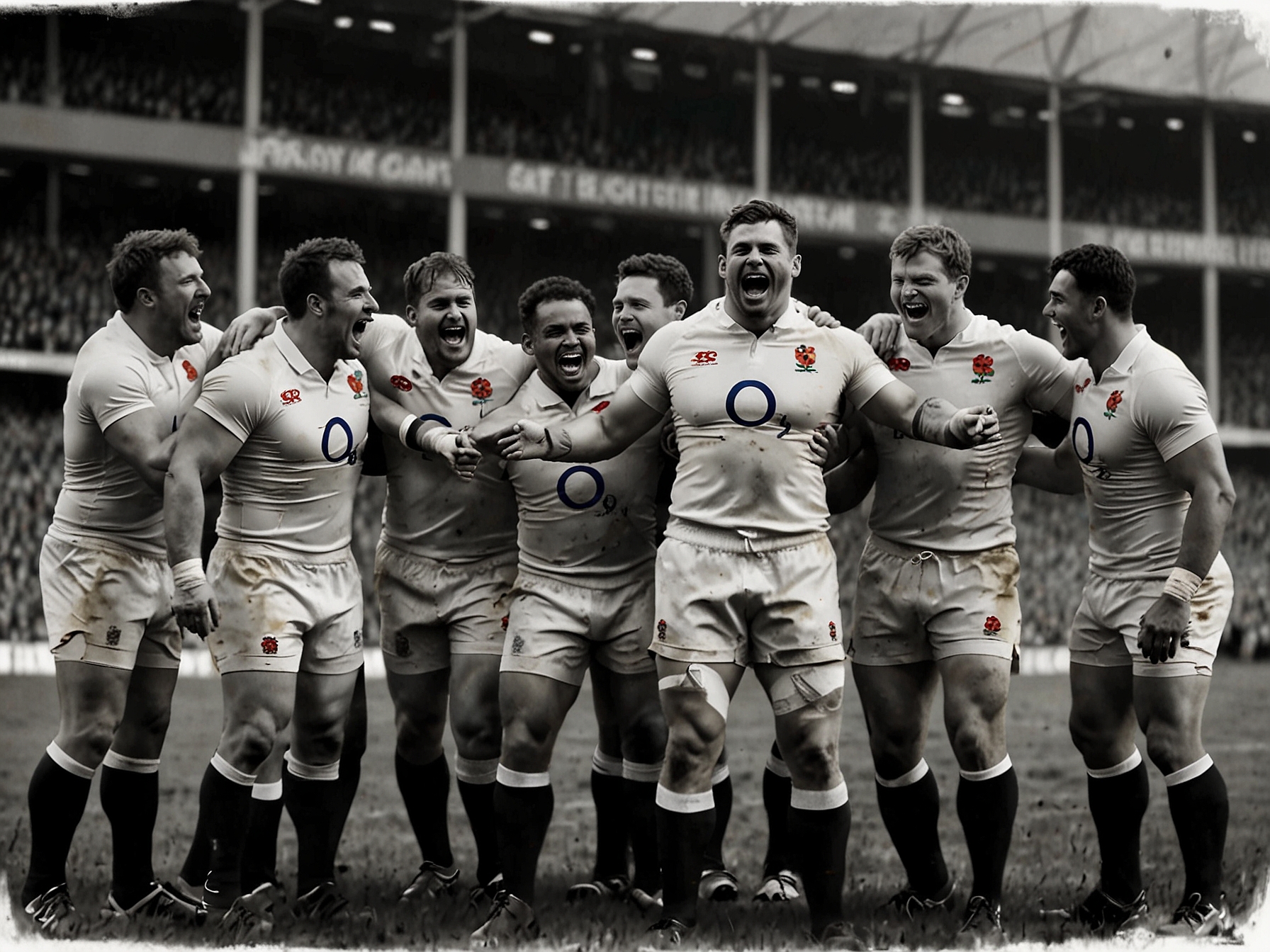 England's rugby team celebrates a well-executed try, a testament to their tactical prowess and Marcus Smith's ingenuity in creating scoring opportunities.