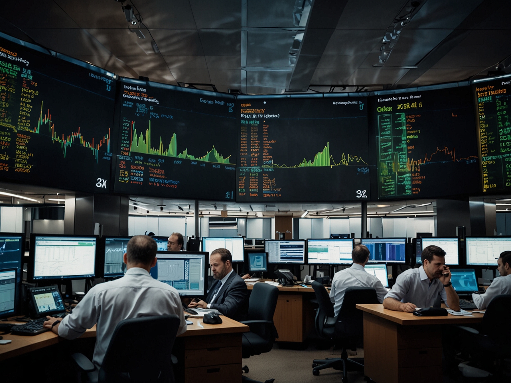 Traders at the New Zealand Stock Exchange working during the busy trading session characterized by high turnover and activity, symbolizing the proactive management and adjustments spurred by the index reweighting.