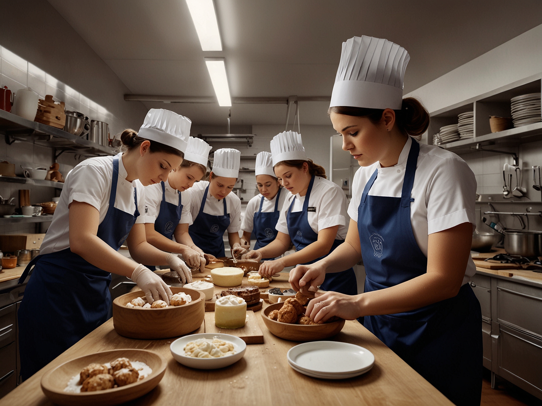 Contestants intensely working in the MasterChef Australia kitchen, surrounded by various ingredients and tools, as they attempt to recreate the complex multi-layered patisserie under tight time constraints.