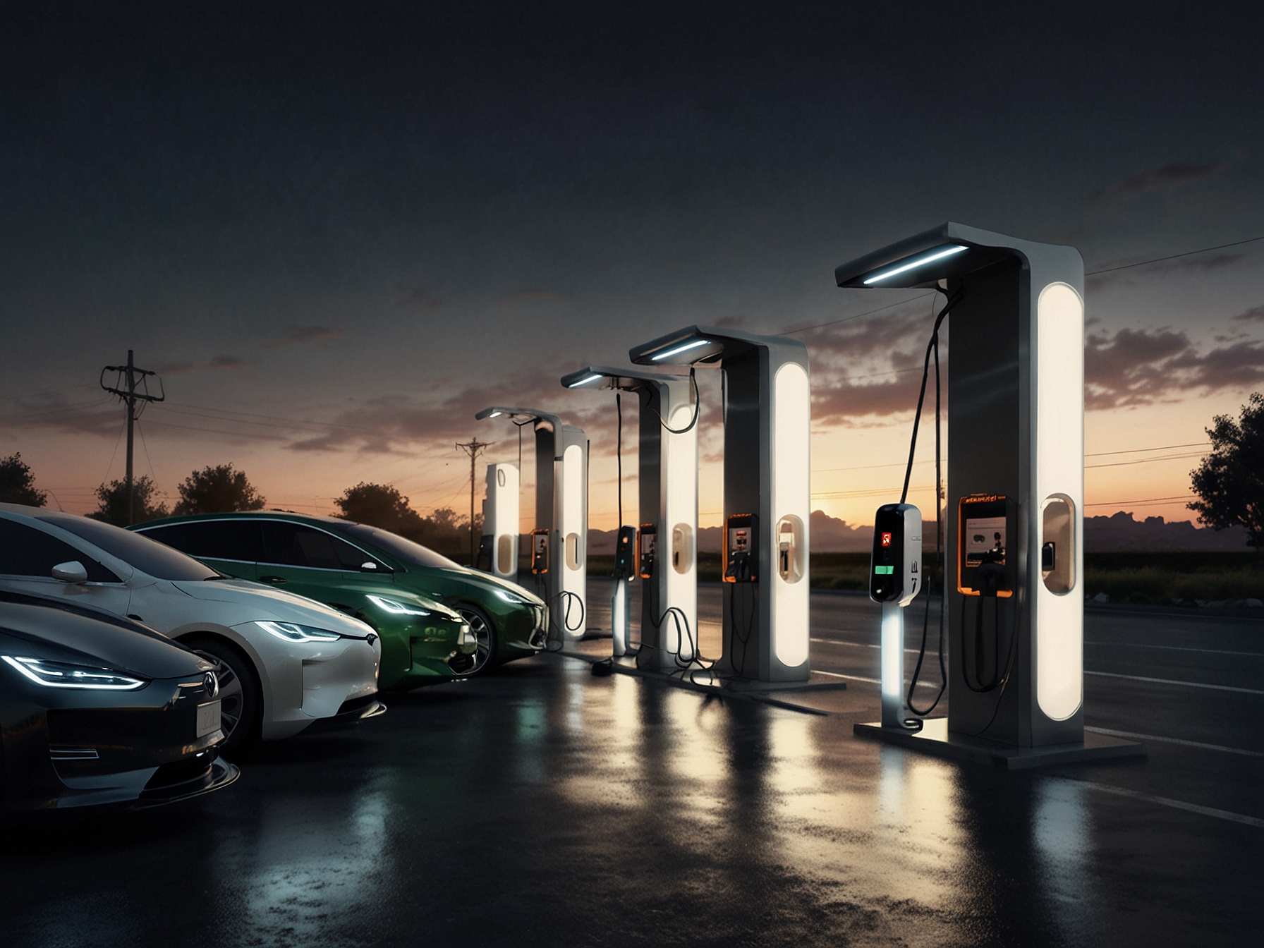 An electric vehicle charging station with several modern EVs parked and charging, symbolizing the growing infrastructure and the shift towards sustainable transportation.