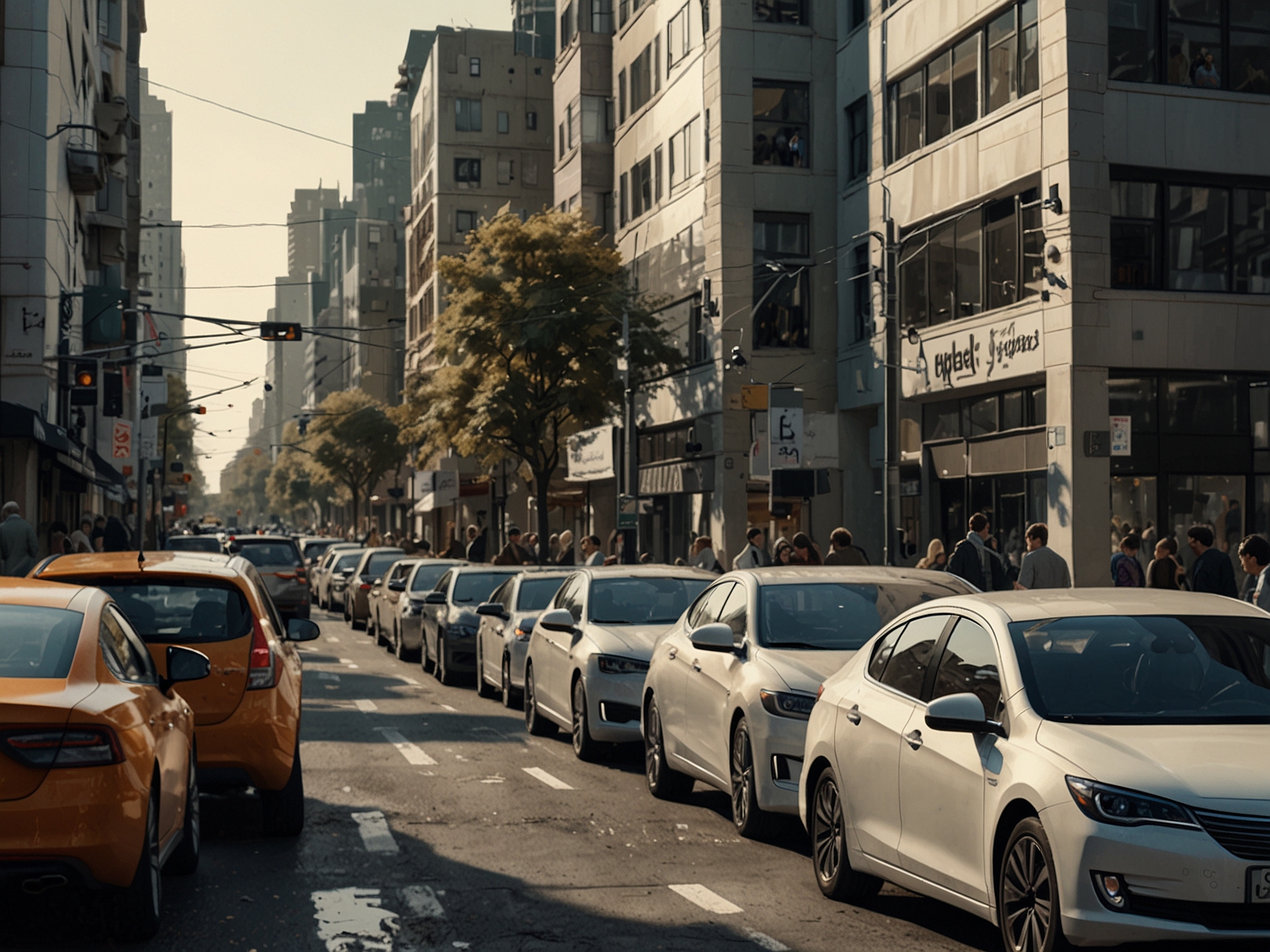 A busy city road with a mix of electric and traditional vehicles, highlighting the mainstream success of EVs and their increasing adoption in urban areas.