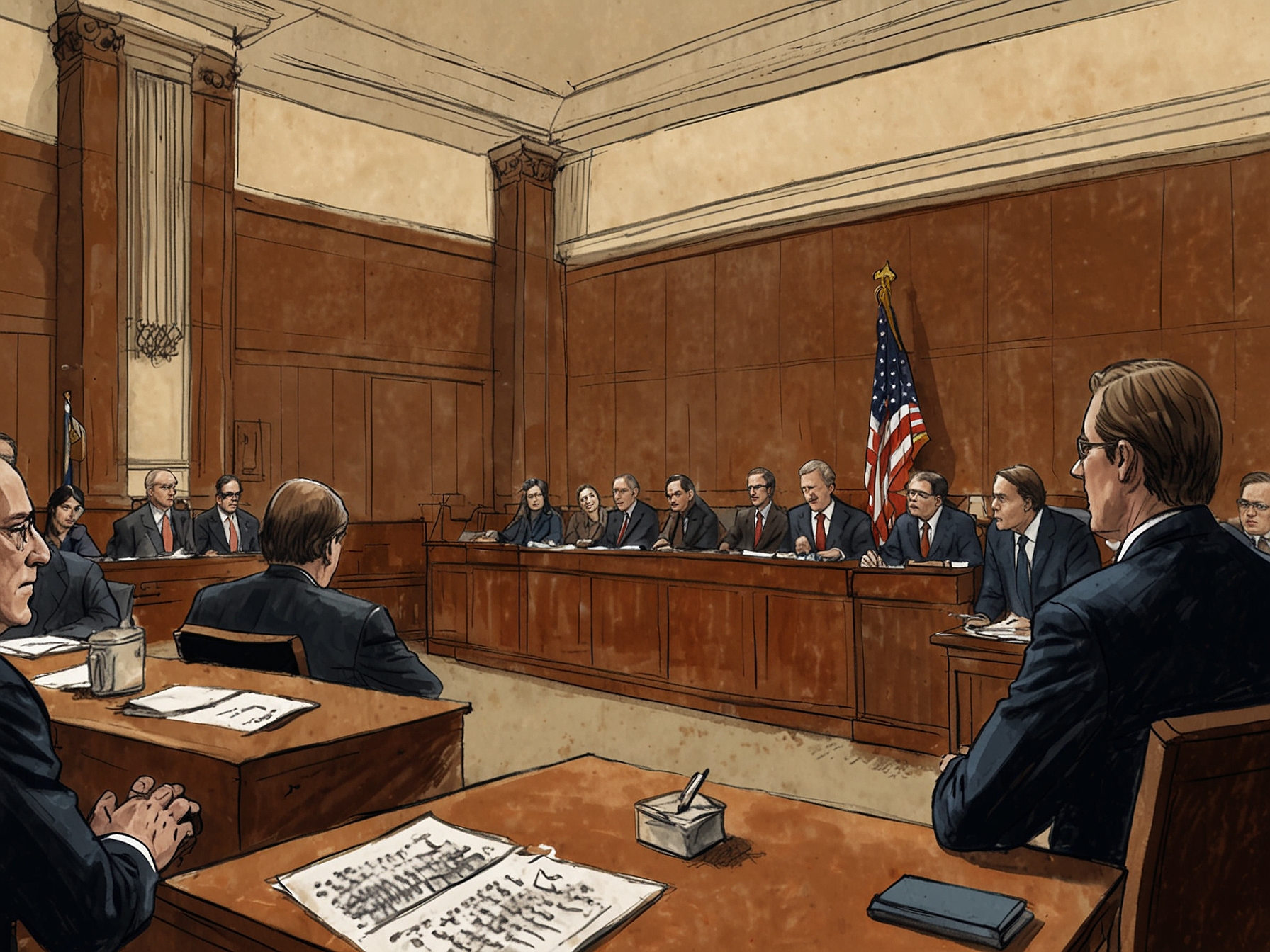 A courtroom sketch showing David DePape on trial. The tense atmosphere and detailed evidence presented highlight the significant legal consequences of targeting public officials and their families.