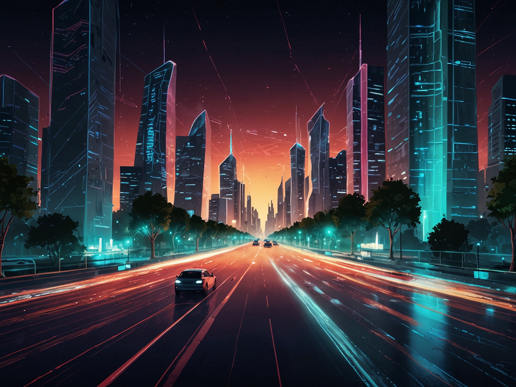 An illustration of a futuristic cityscape with AI-powered autonomous vehicles navigating seamlessly through smart infrastructure, highlighting the advancements in transportation technology.