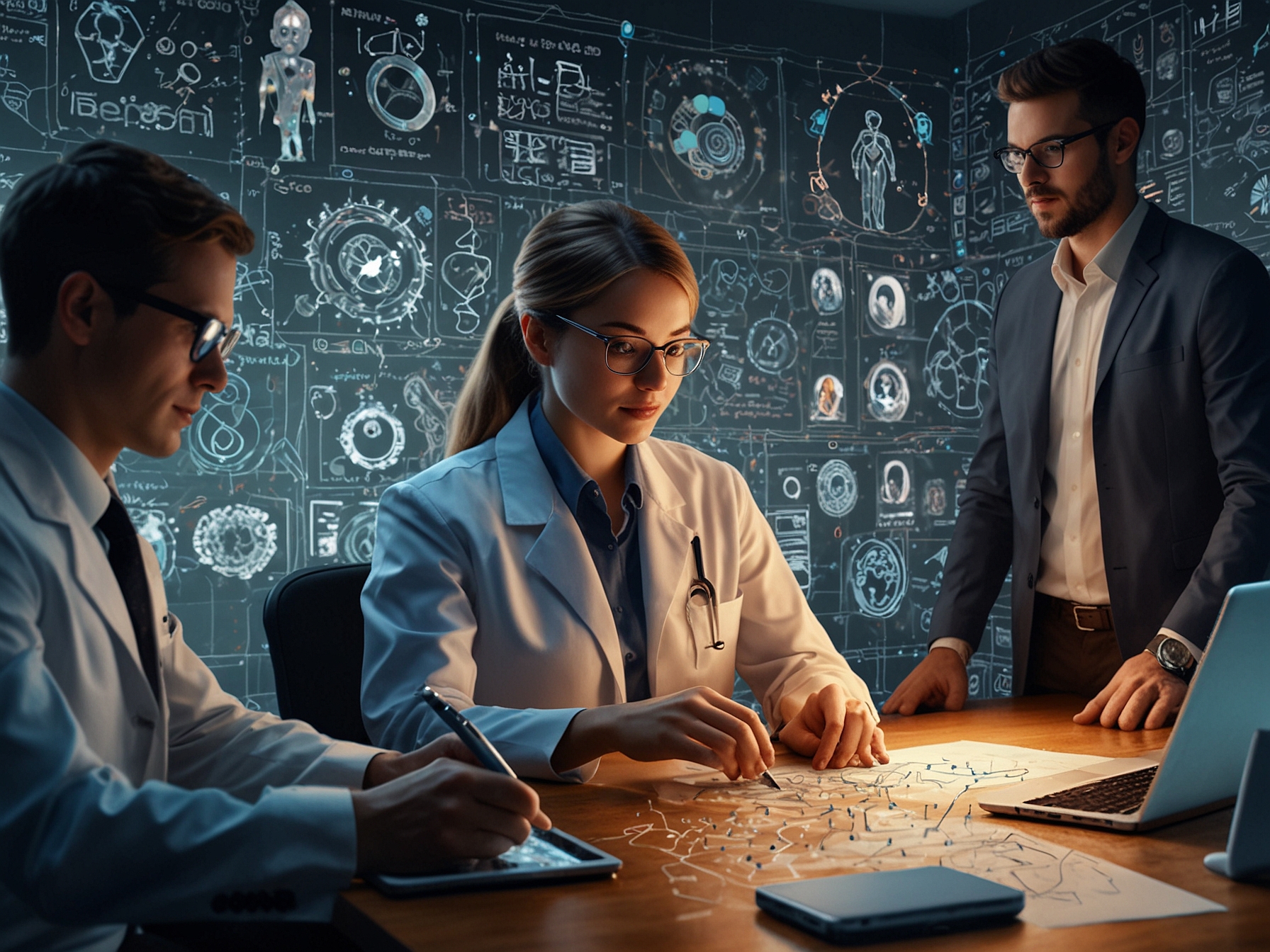 A depiction of diverse professionals working collaboratively in a tech-driven environment, showcasing the integration of AI in healthcare, finance, and manufacturing sectors to drive innovation.