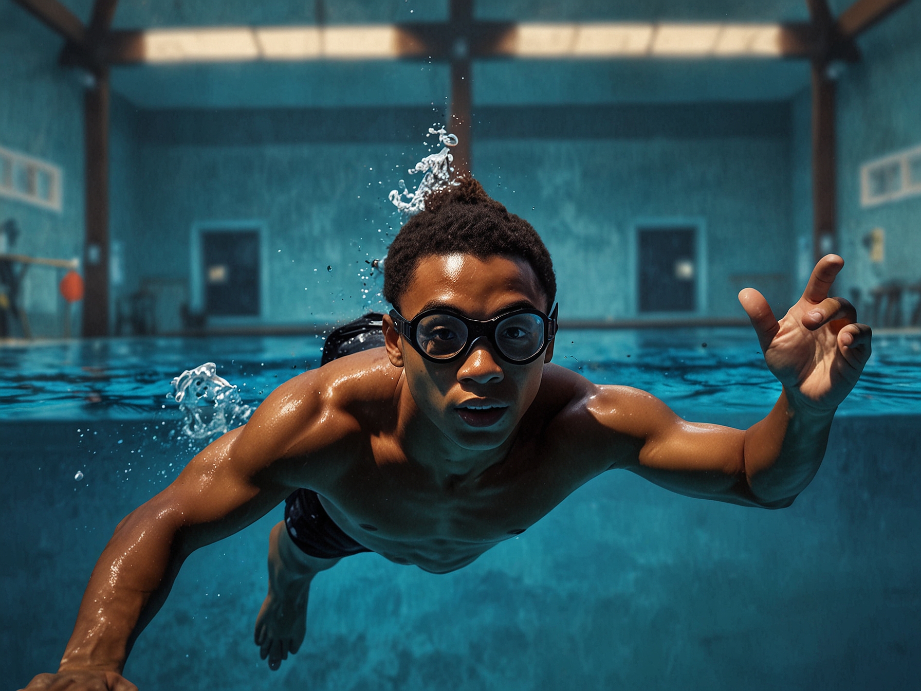 A photo of JJ Rice, the 18-year-old diver from Tonga, passionately diving into a pool. His focused expression captures his dedication and skill, symbolizing his promising future in the sport.