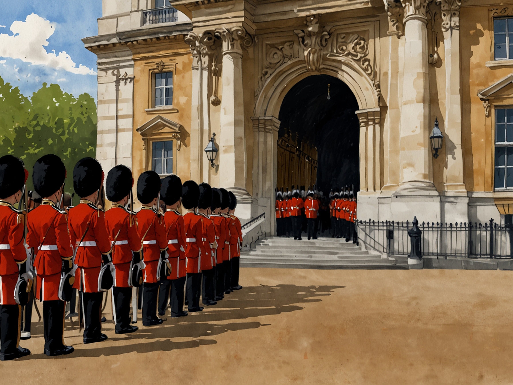 Royal Guards at Buckingham Palace switch shifts as the British Army band plays Taylor Swift's iconic songs, integrating modern pop culture with time-honored tradition.