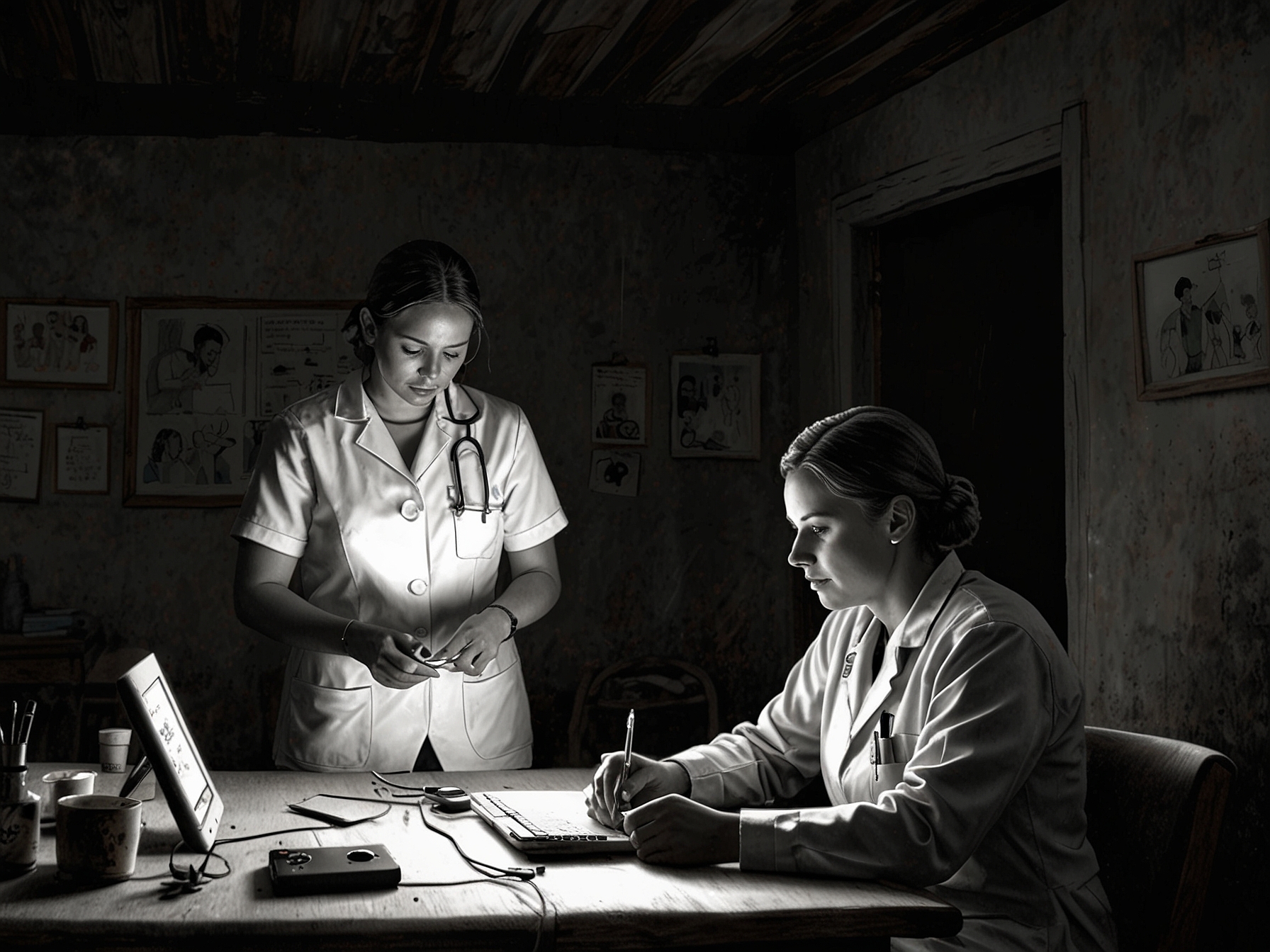 A healthcare worker using telemedicine technology to diagnose and treat a patient in a remote village, highlighting NHM's technological integration in bridging healthcare access.