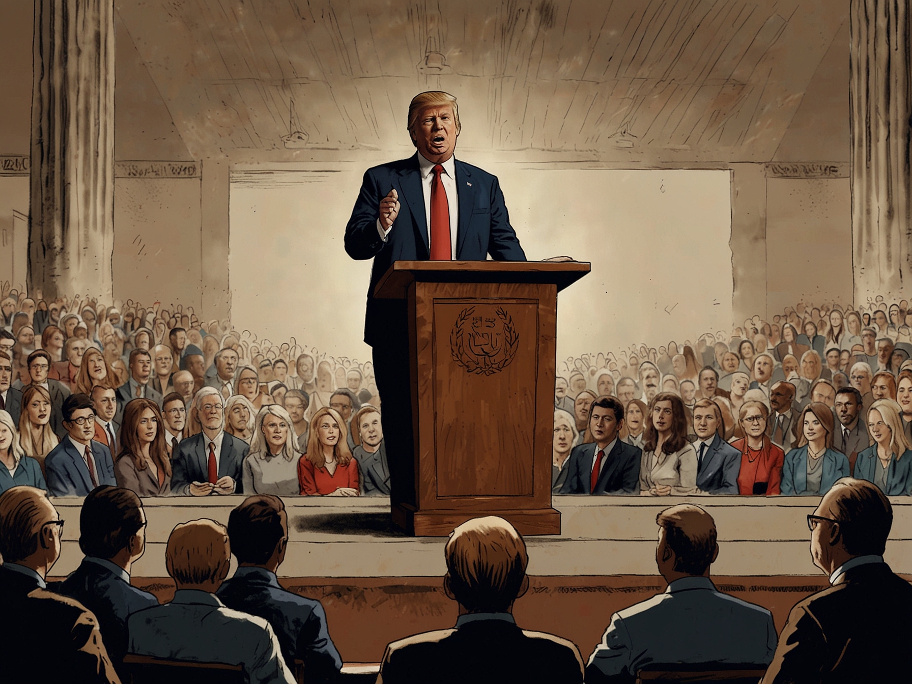 Trump delivers a speech at an Evangelical event, with a backdrop of Ten Commandments, signaling his support for religious symbols in public schools, receiving applause from the crowd.