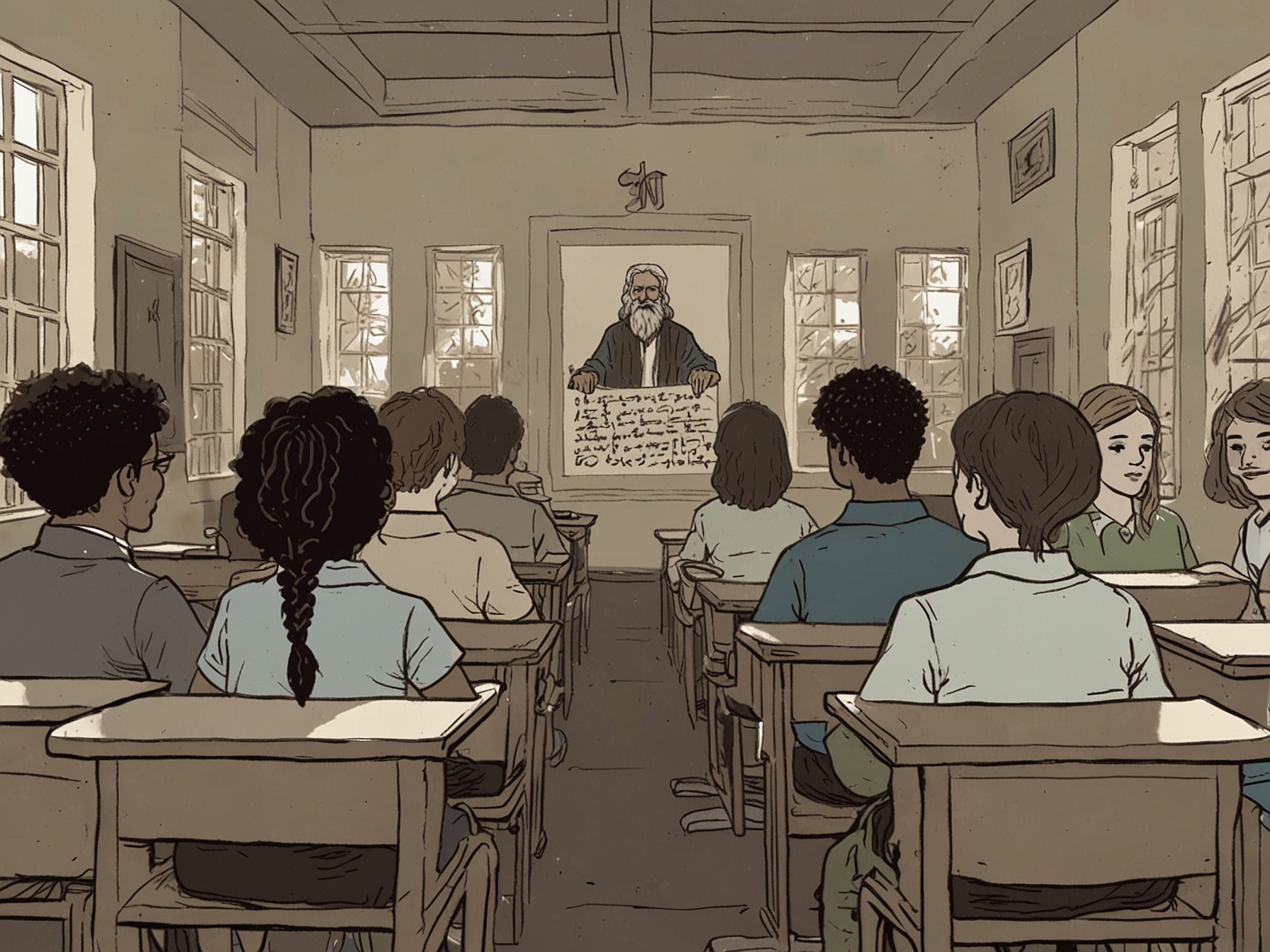 A diverse group of students in a classroom, with Ten Commandments displayed on the wall, illustrating the debate on integrating religious teachings into public education.