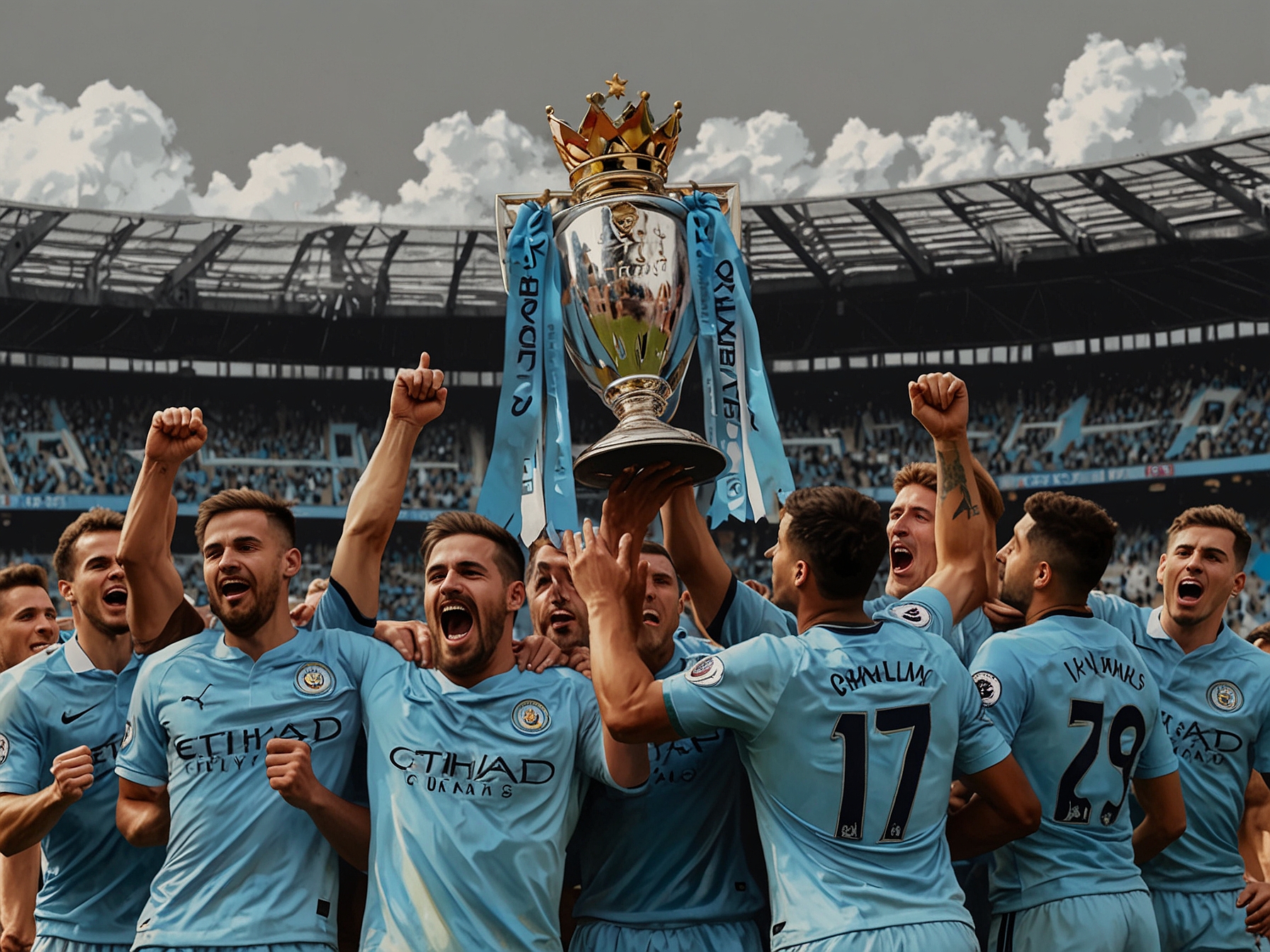 A depiction of Manchester City's triumphs overshadowed by looming allegations of financial misconduct and FFP violations. The club's future successes may be in jeopardy depending on investigation outcomes.