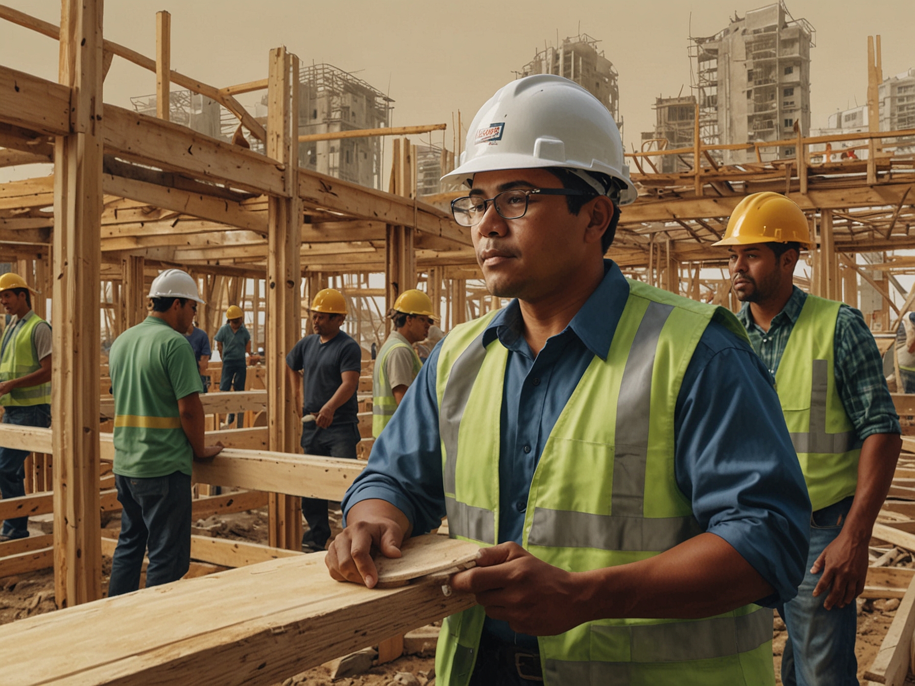 A bustling construction site with a mix of native and immigrant workers collaborating efficiently, highlighting the importance of diverse labor in the homebuilding industry.