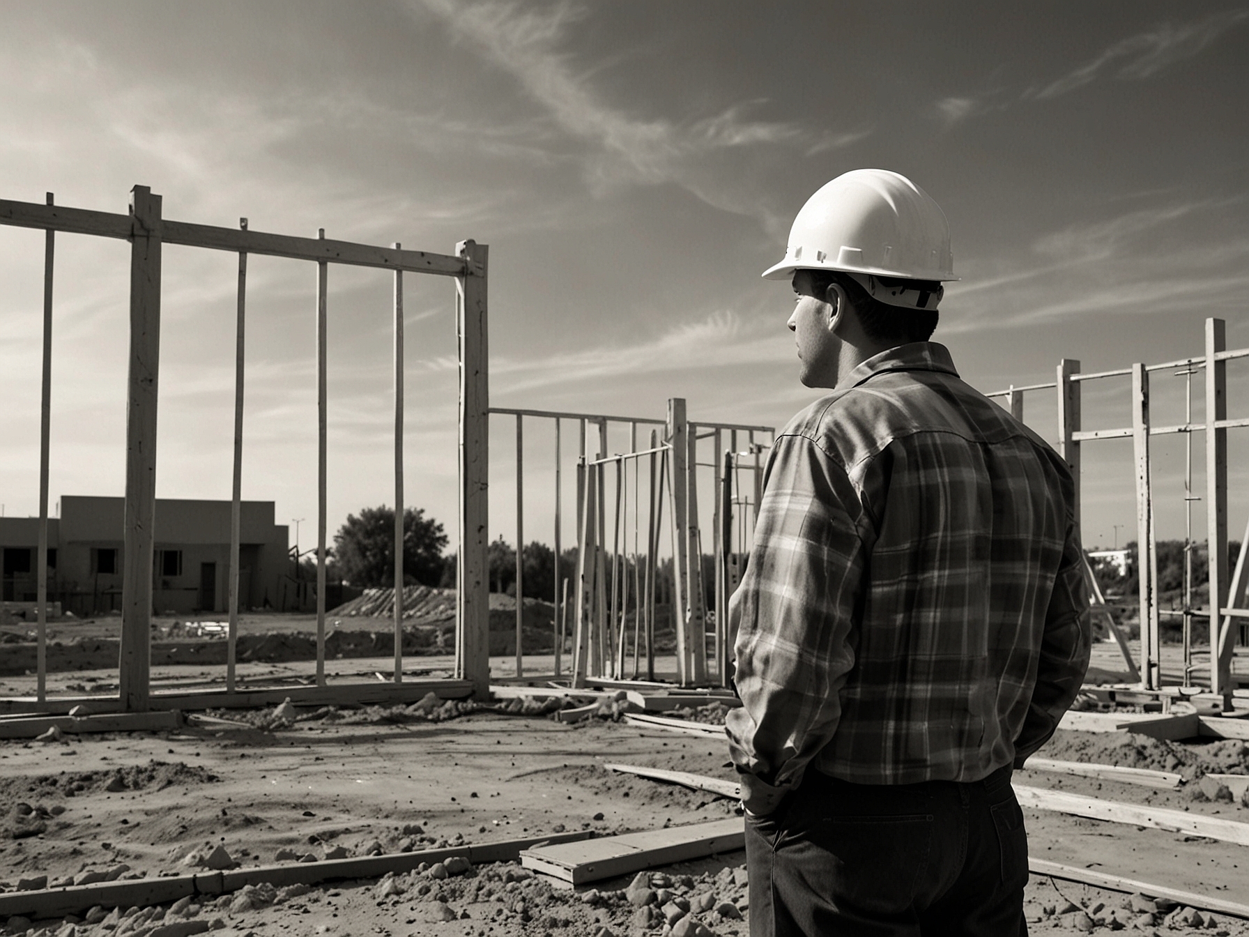 A homebuilder facing an empty work site, symbolizing the critical labor shortages plaguing the construction sector due to stringent immigration policies.