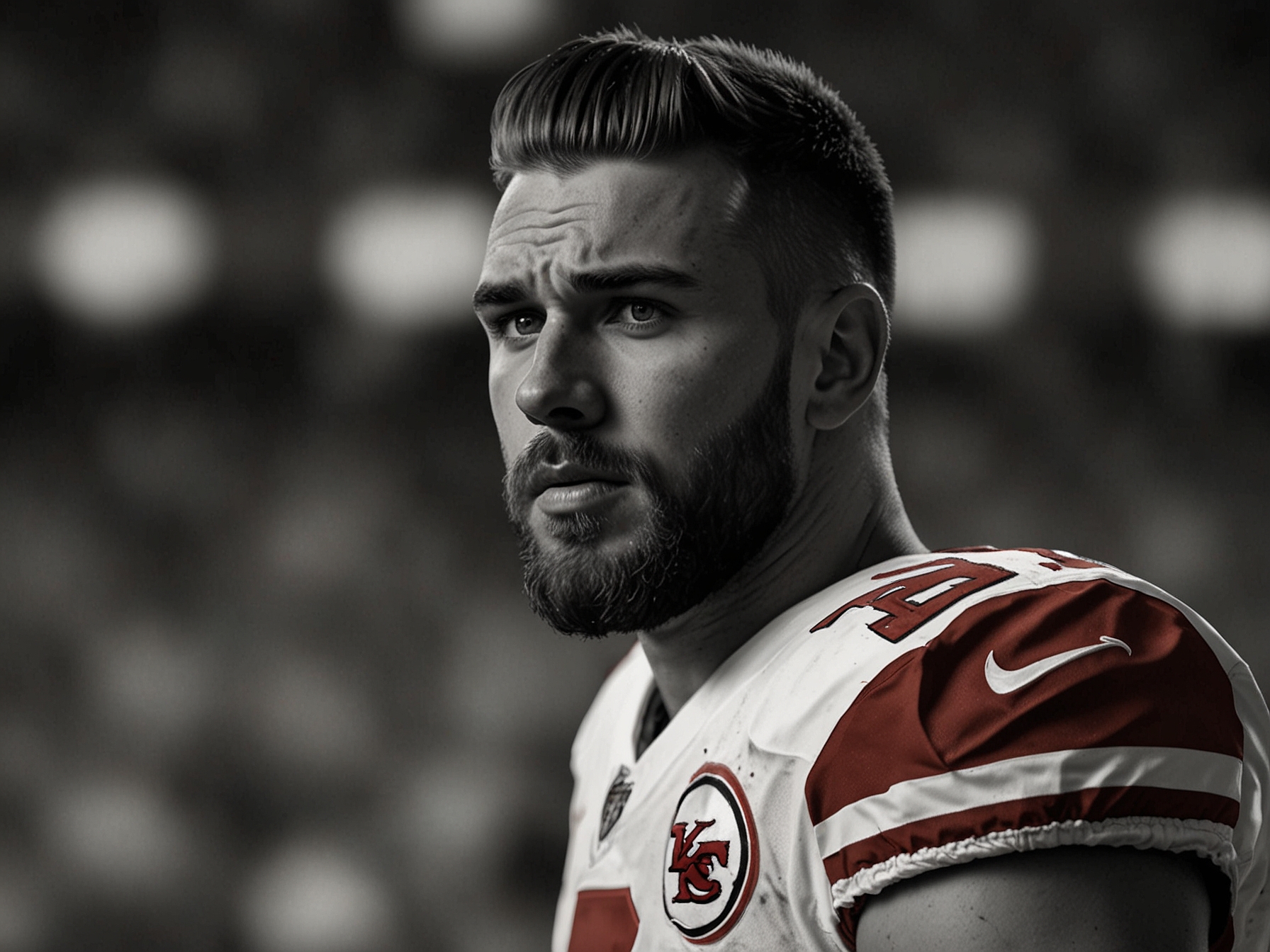 Travis Kelce on the field during a Kansas City Chiefs game, showcasing his skills and composure, embodying the high emotional intelligence discussed in the article.