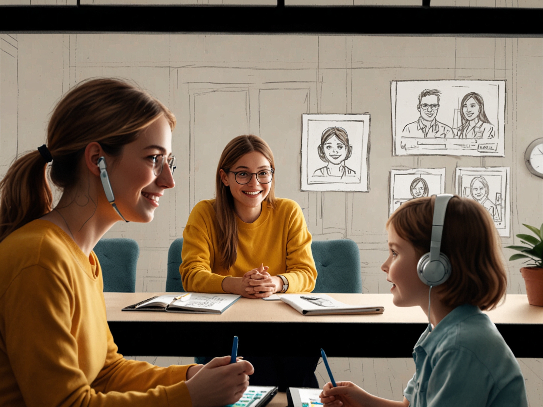 A scene depicting an AI-enabled video call, where parents and children are connecting emotionally despite physical distance, with real-time emotional translation ensuring genuine interaction.