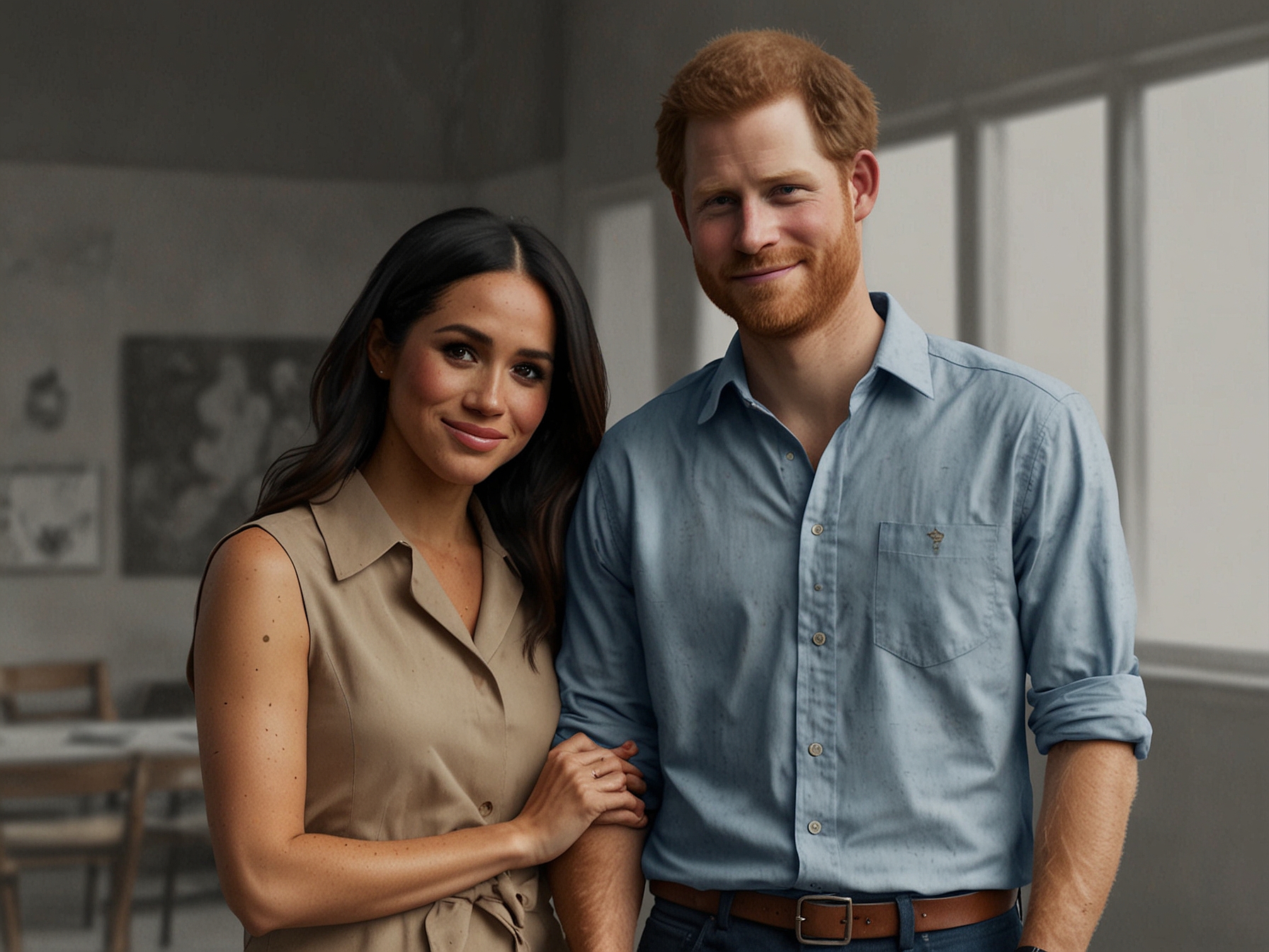 Prince Harry, visibly emotional, stands alongside Meghan Markle, both dressed casually, symbolizing their effort to lead a normal life away from royal protocols.