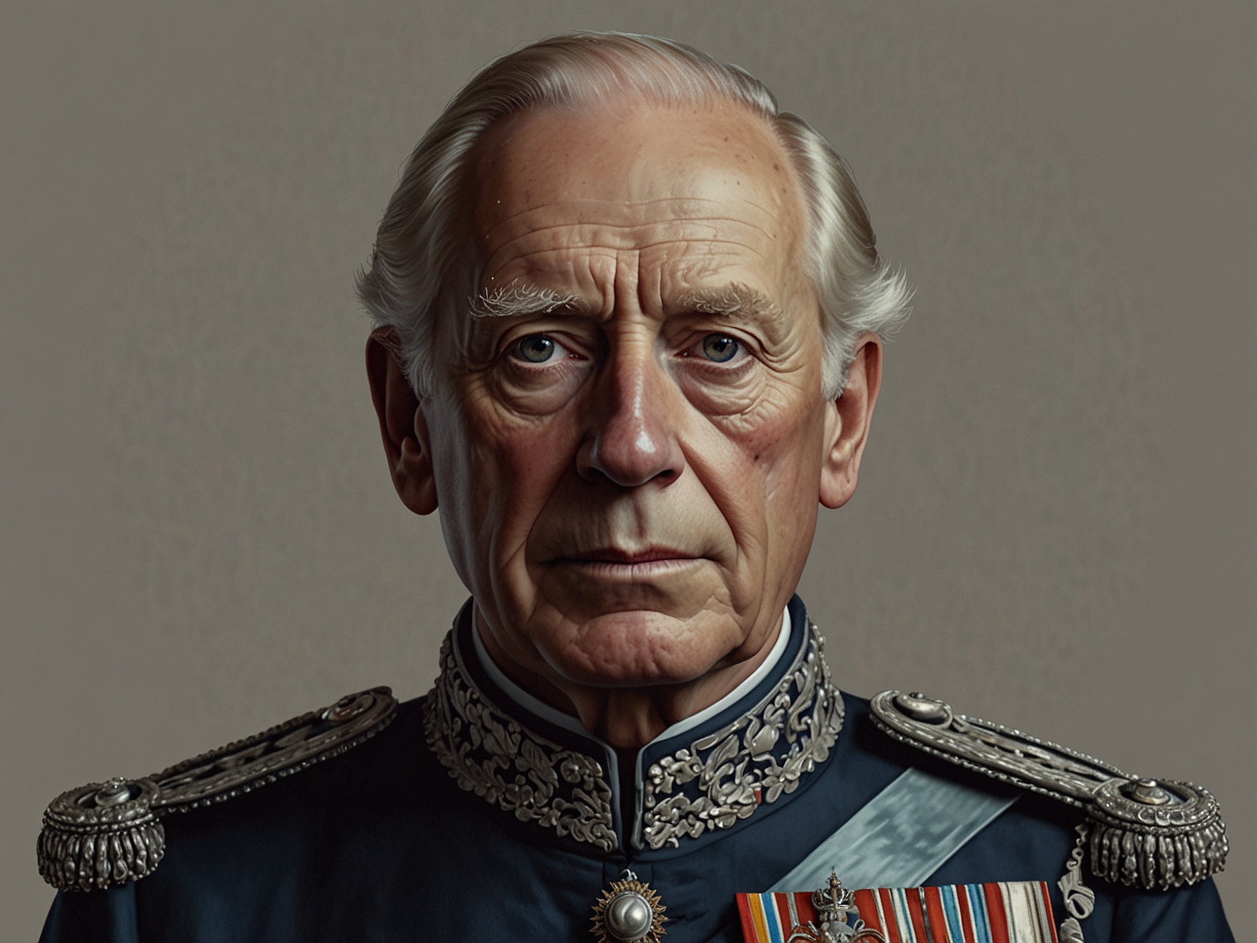 King Charles III, in regal attire, with a steadfast expression, embodying his commitment to preserving the traditional values and structure of the British monarchy.