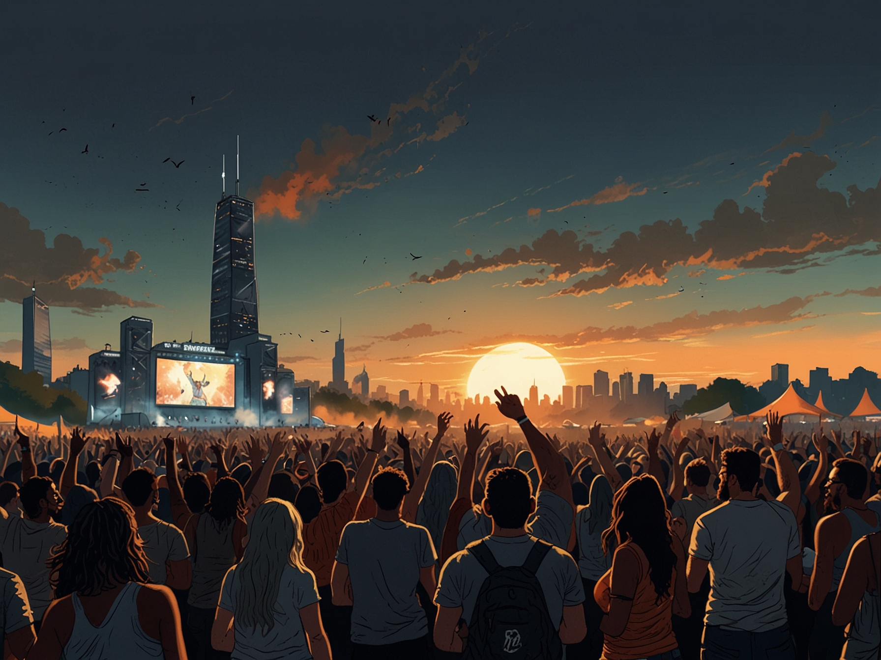 Crowd of enthusiastic festival-goers at Lollapalooza, eagerly awaiting Megan Thee Stallion's headlining performance, capturing the excitement and vibe of the music festival.