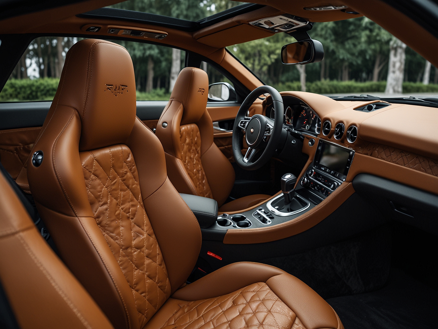 Interior view of the 2022 RUF SCR, highlighting the luxurious brown deerskin seats with intricate embroidery, replacing bespoke craftsmanship and a focus on driving excellence.