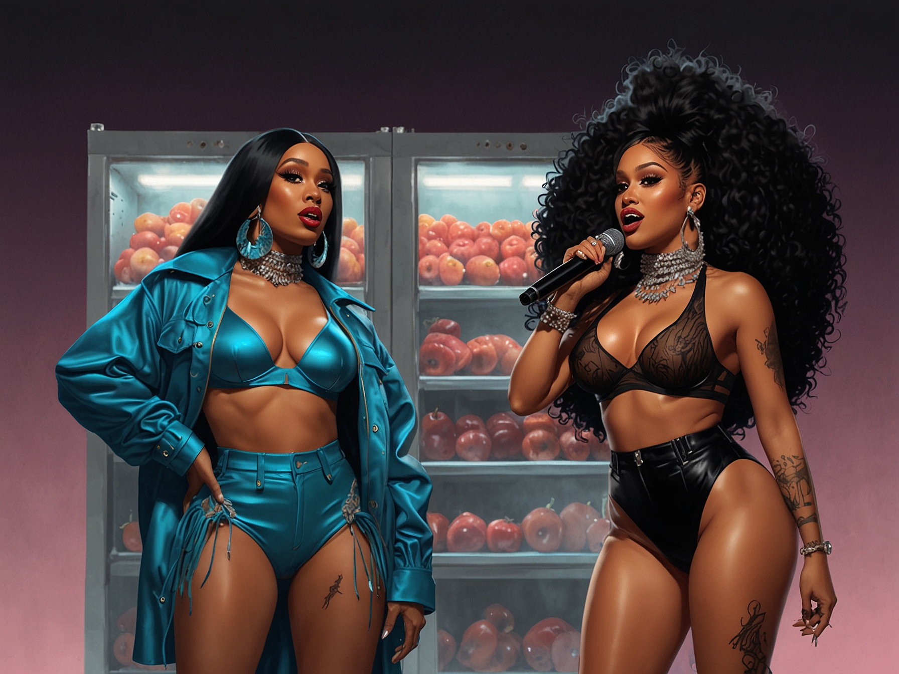 Peso Pluma and Cardi B perform together on stage, captivating the audience with their dynamic collaboration 'Put Em in the Fridge,' merging English and Spanish lyrics seamlessly.