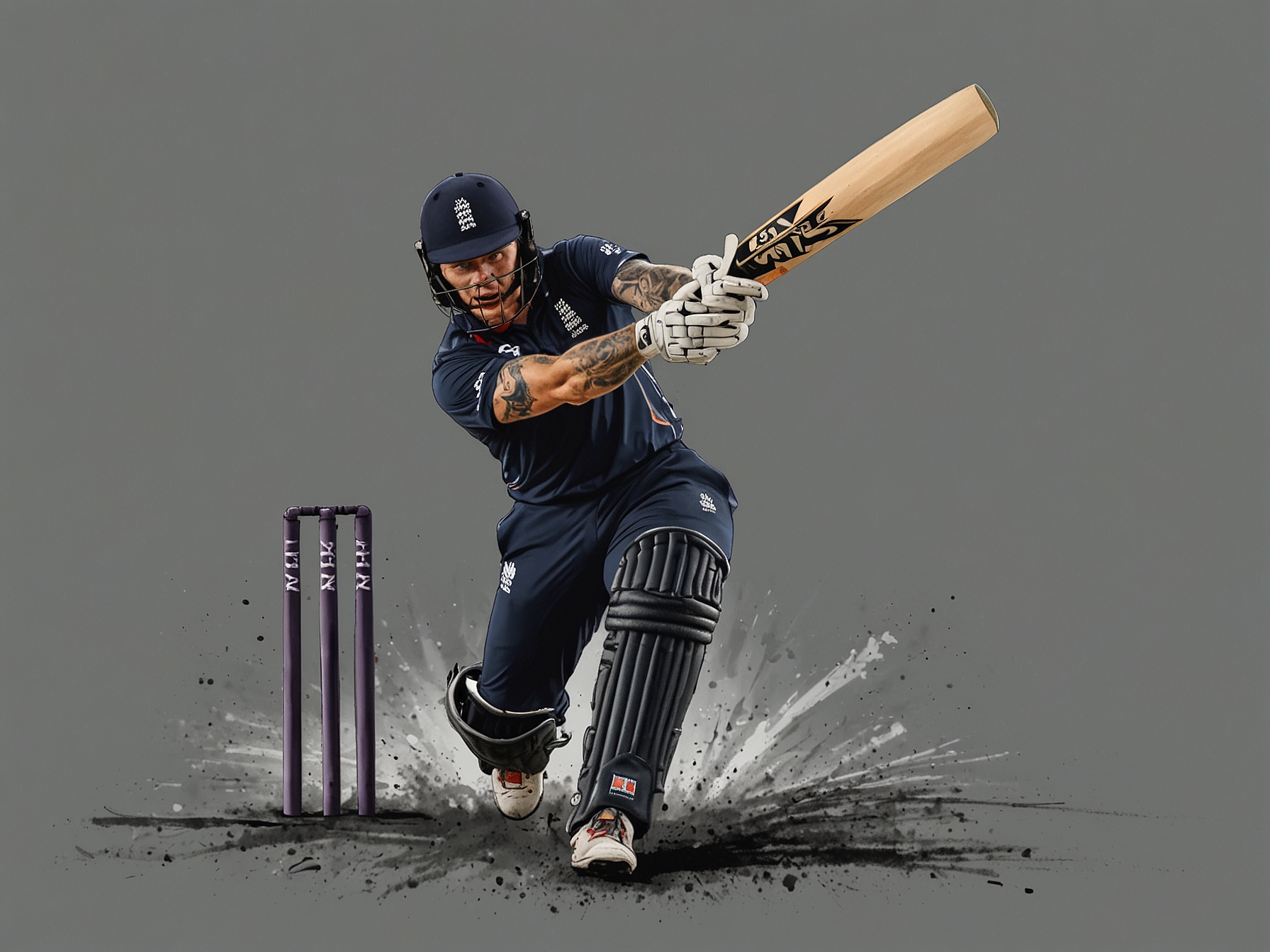A dynamic moment as England's Ben Stokes hits a powerful shot, showcasing his aggressive batting skill in the crucial must-win T20 World Cup match against the USA.