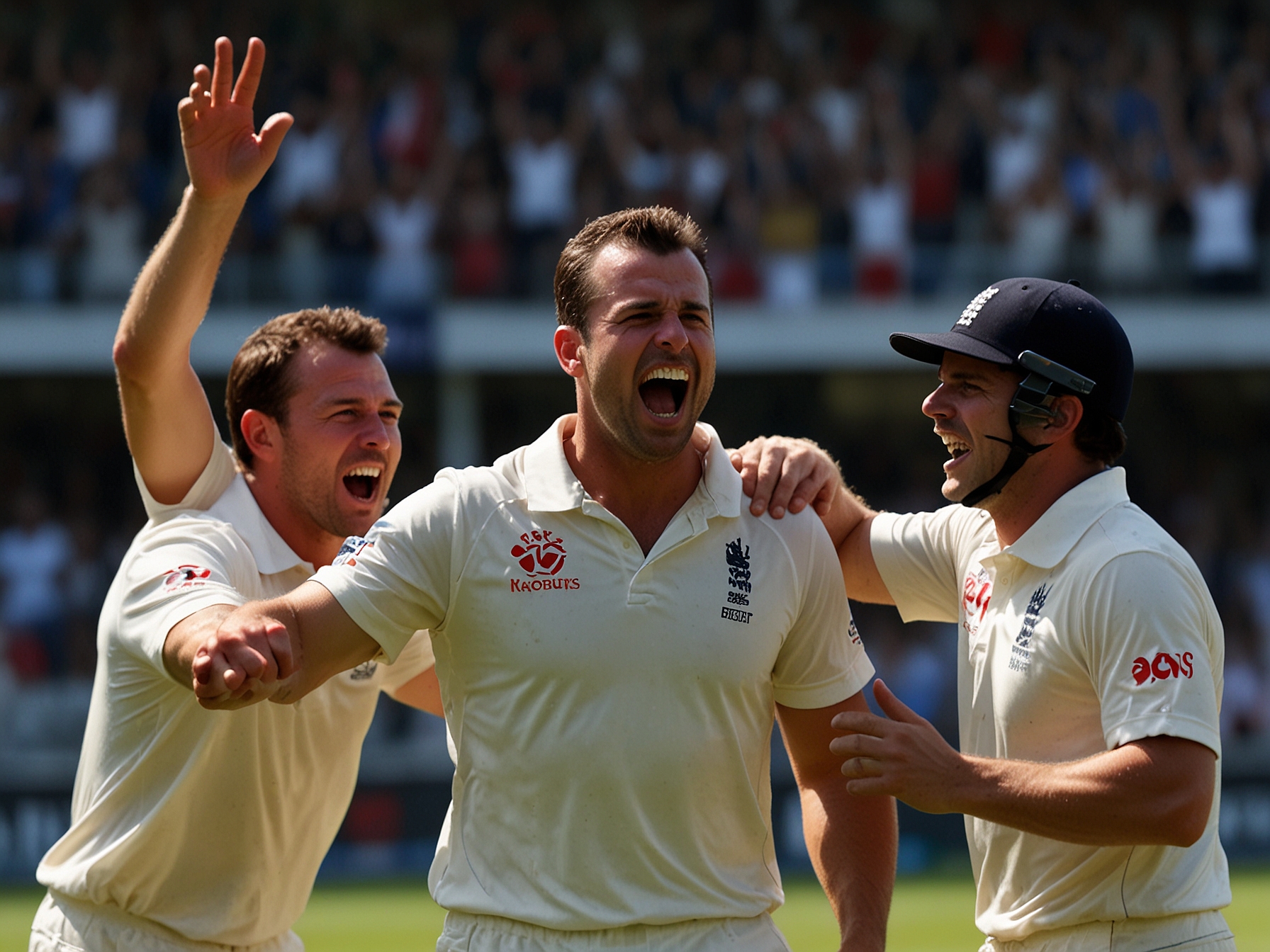 USA's Steven Taylor celebrates with teammates after taking a significant wicket, highlighting their spirited and tenacious play against the formidable England team.