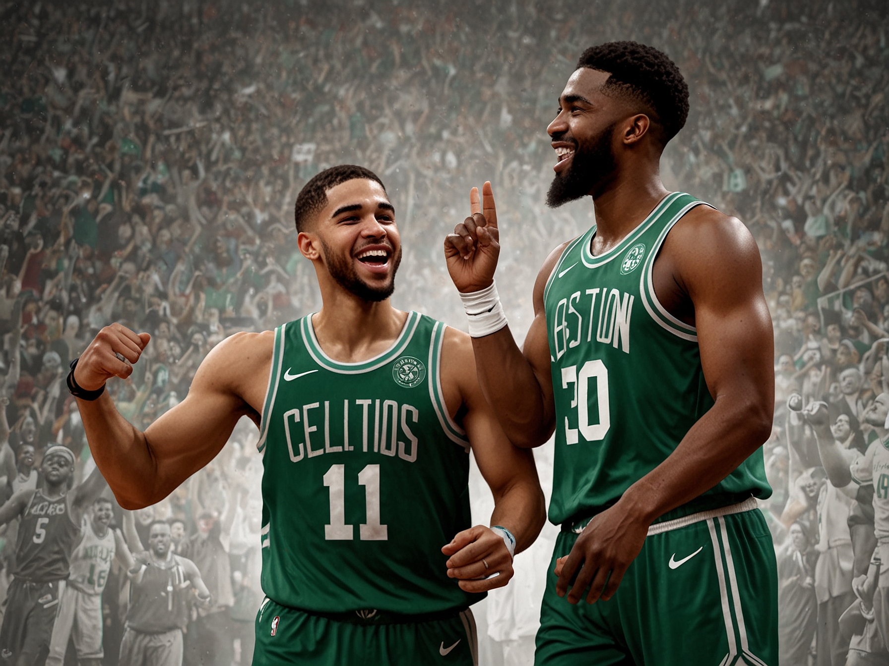 Jayson Tatum and Jaylen Brown celebrating a victory on the court, showcasing their strong chemistry and collaboration as key players for the Boston Celtics.