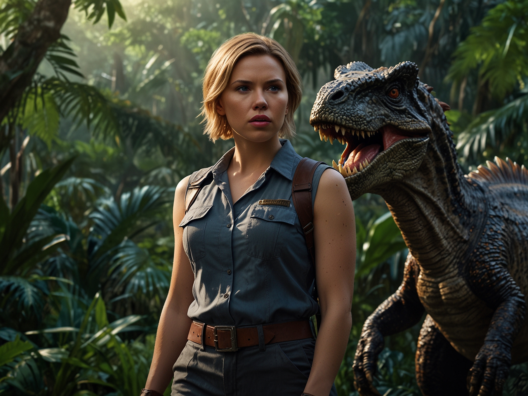 Scarlett Johansson, in costume, stands against a backdrop of lush jungle setting, showcasing her character's adventurous spirit and readiness to face thrilling dinosaur encounters in ‘Jurassic World 4’.