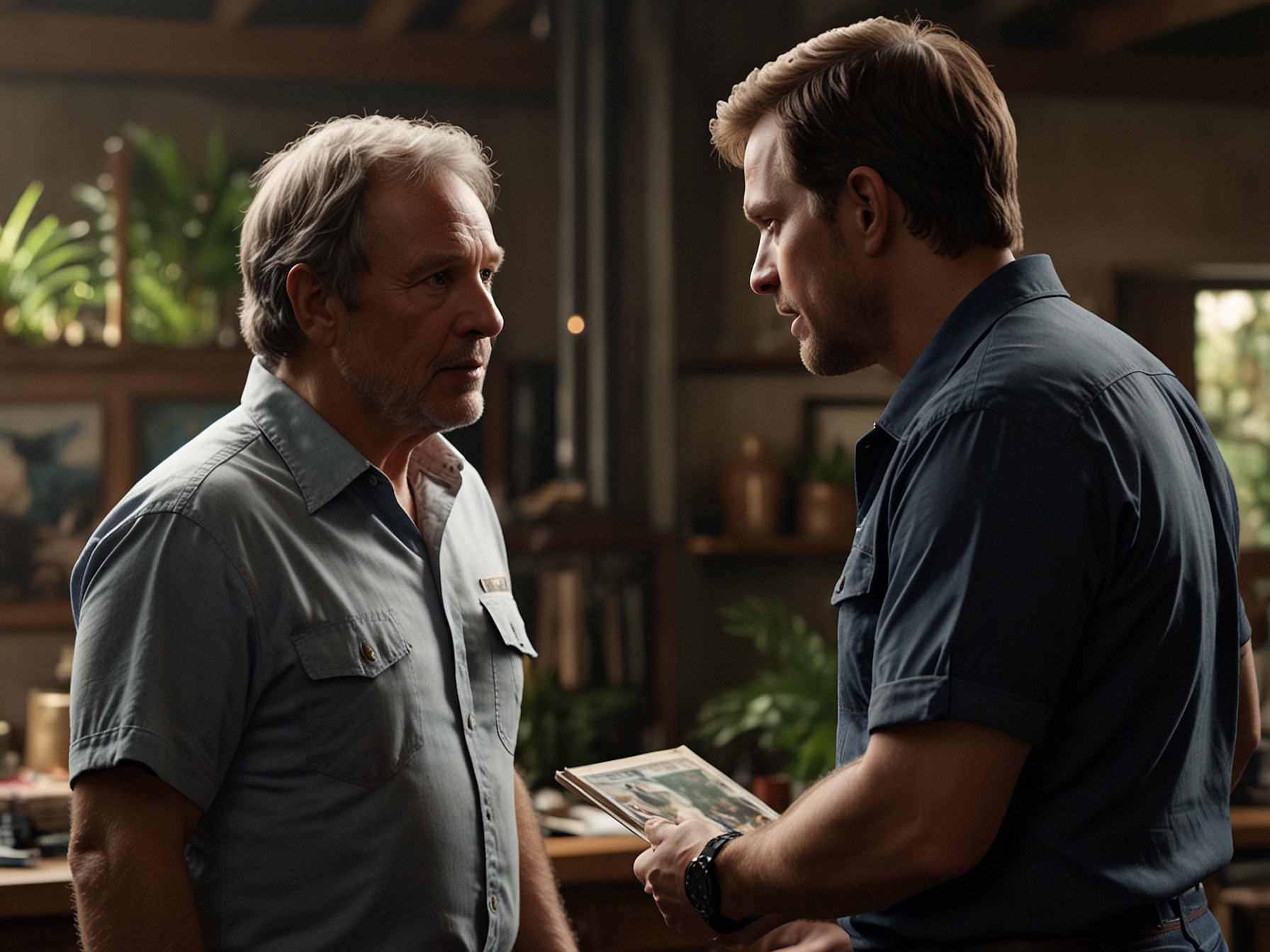 Director Gareth Edwards and writer David Koepp are seen discussing a scene on the set of ‘Jurassic World 4’. The image highlights their collaboration, promising a visually stunning and well-crafted addition to the franchise.