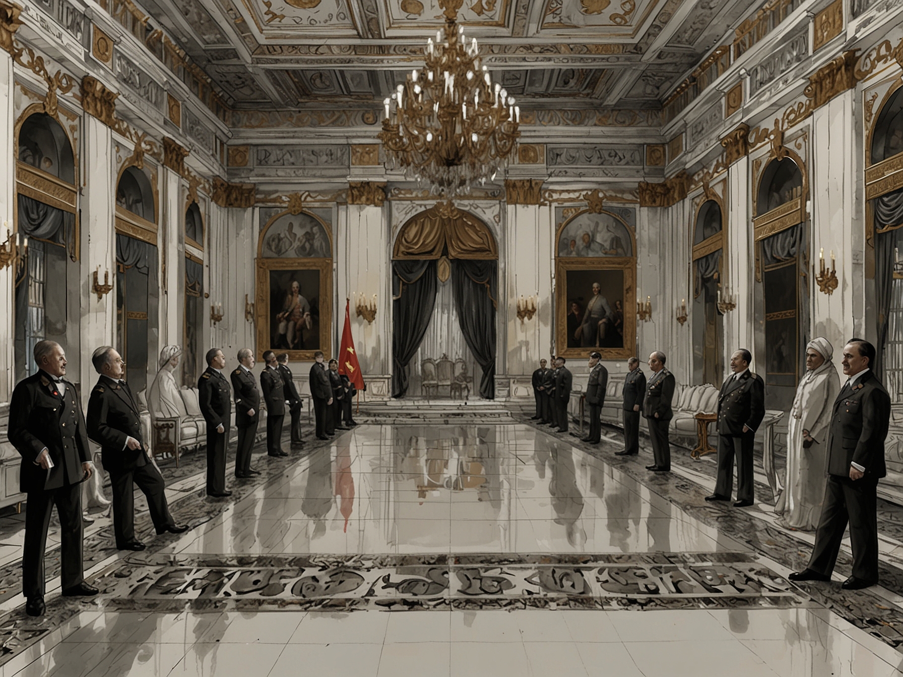 A detailed scene from 'The Regime', showcasing the grand and grotesque palace of the dictator, reflecting both the exaggerated opulence of power and the absurdity of authoritarian rule.