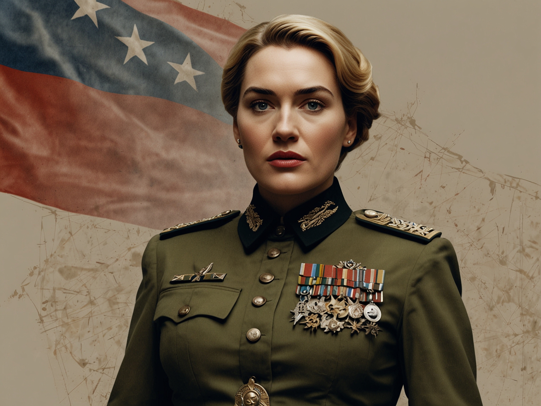 Kate Winslet in character as the absurd dictator in 'The Regime', dressed in an extravagant military uniform, embodying both the humor and horror inherent in her portrayal of authoritarianism.