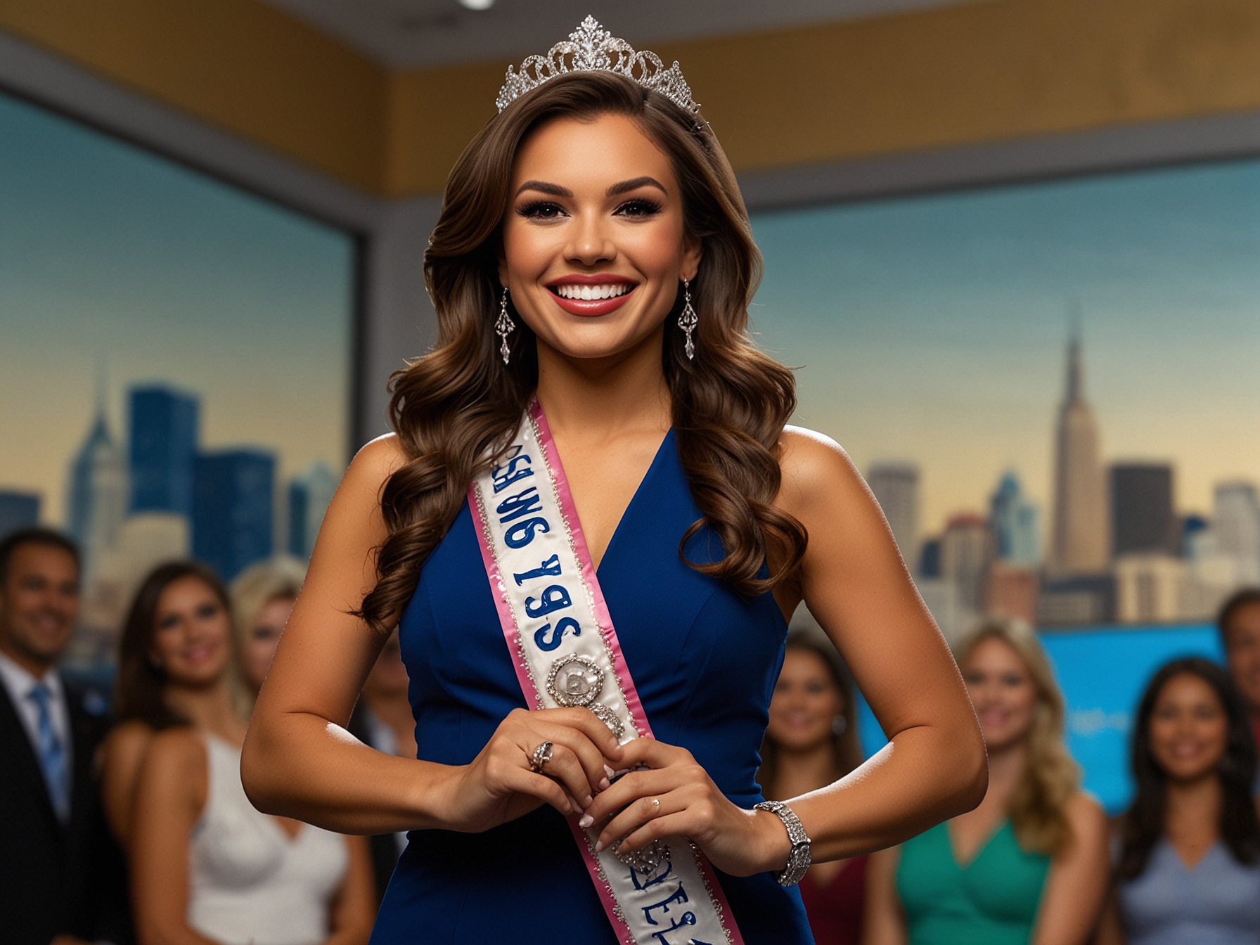 Marissa Teijo, dressed elegantly, smiling confidently at a press event, symbolizing her groundbreaking role as the oldest contestant in the Miss Texas USA pageant at 71.