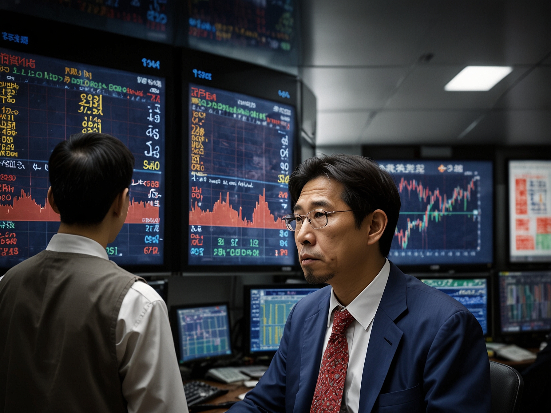 Traders at the Tokyo Stock Exchange displaying intense focus as they monitor yen's depreciation, with large electronic screens showing the current exchange rate.