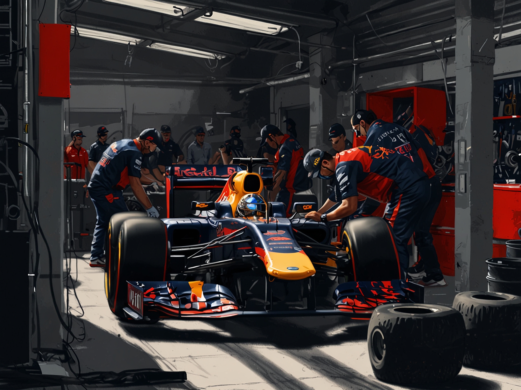 Red Bull team members working on the car upgrades in the pits during the Spanish GP weekend, showcasing their determined efforts to improve performance amid intense competition.