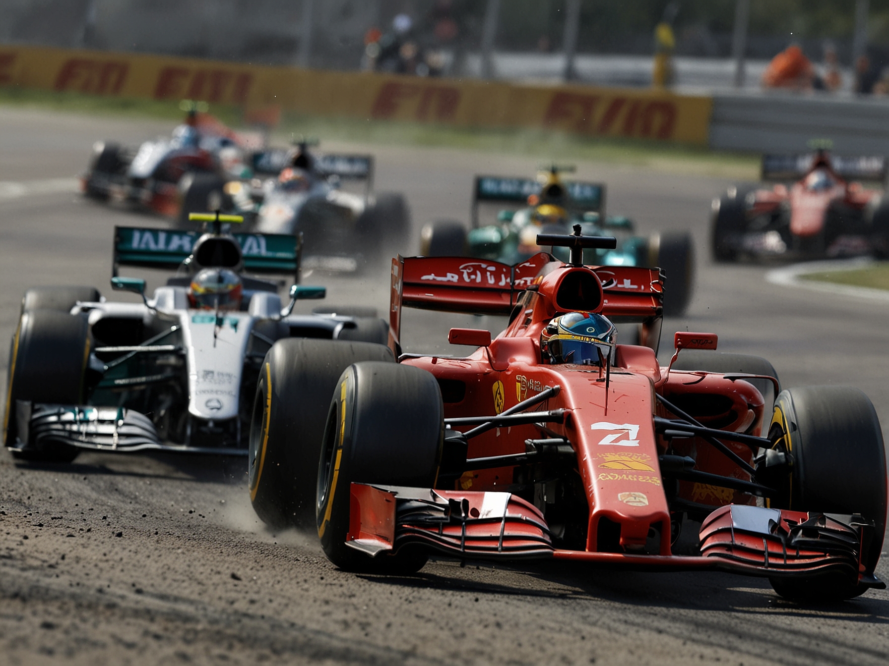 A thrilling race moment at the Spanish GP with cars from Mercedes and Ferrari leading the pack, illustrating the competitive nature of the race and highlighting Marko's bold prediction.