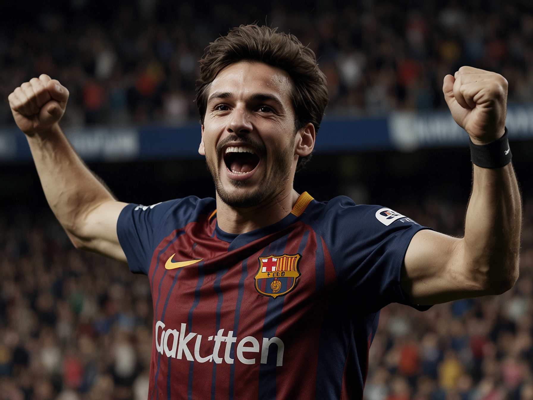 An image of Marc Guiu celebrating a goal during a match for Barcelona, highlighting his impressive debut season where he scored two goals in seven appearances.