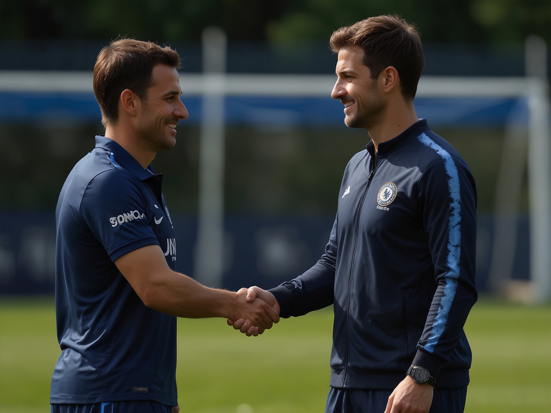 A photo capturing Marc Guiu at Chelsea's training ground, shaking hands with the club's manager, symbolizing his next career step and Chelsea's investment in young talent.