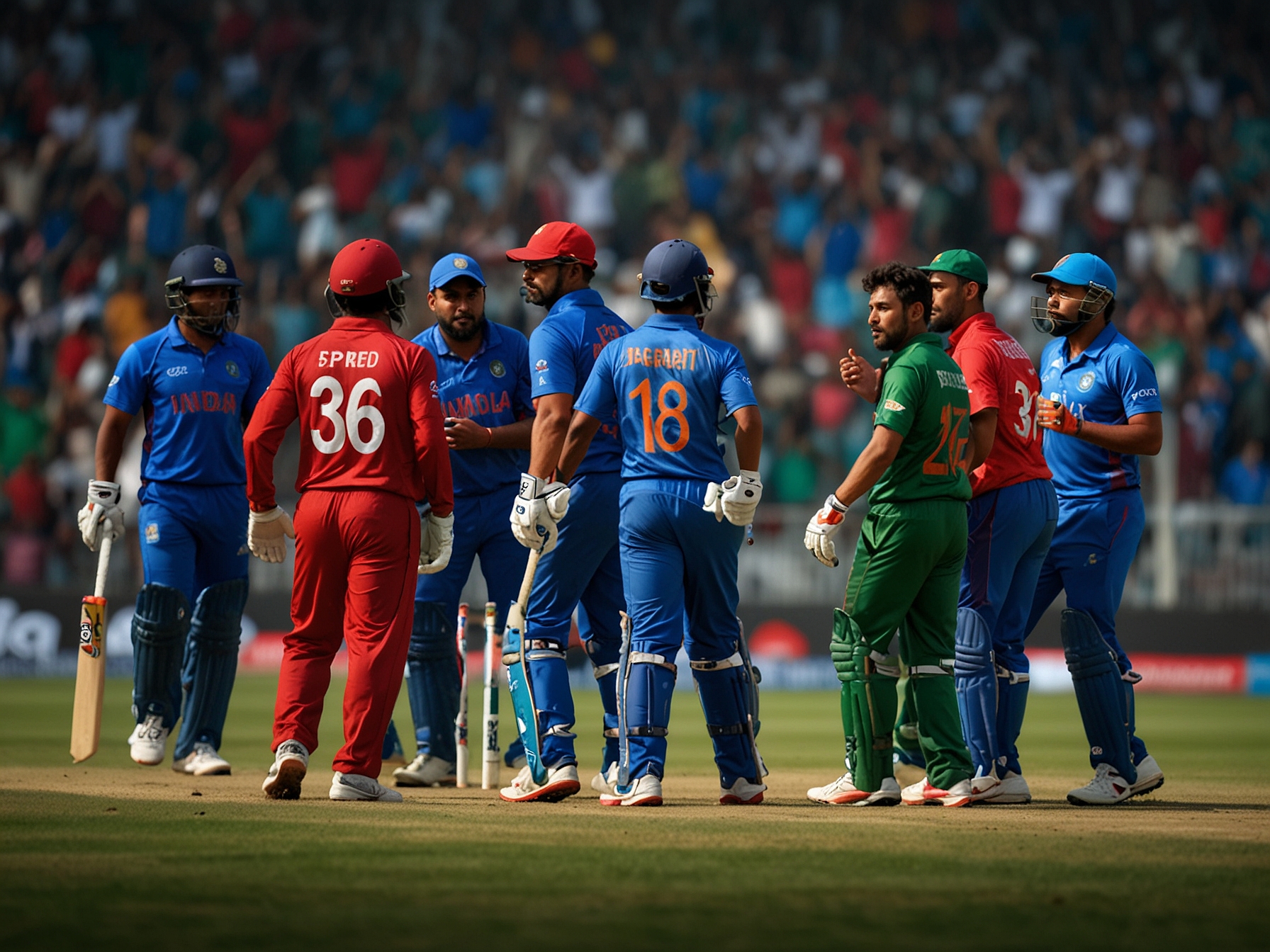 Bangladesh and Afghanistan cricket teams in action on the field, capturing the intensity and competitive spirit as they vie for a crucial win in the T20 World Cup 2024 group stages.