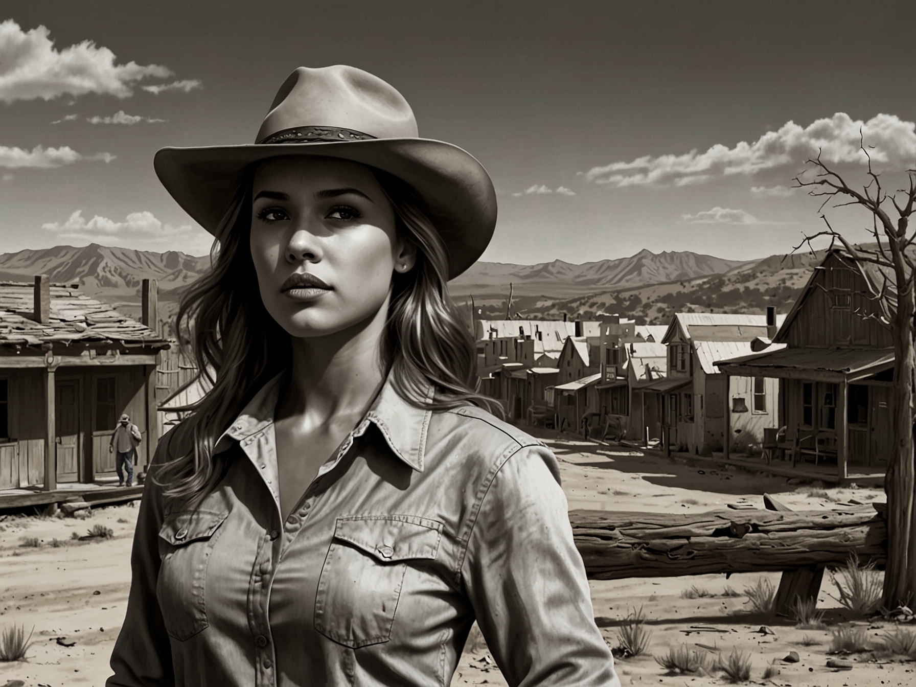 A thrilling scene from Trigger Warning, featuring Jessica Alba as Parker, set against the rustic and eerie backdrop of Madrid, New Mexico, highlighting the town's old Western charm.