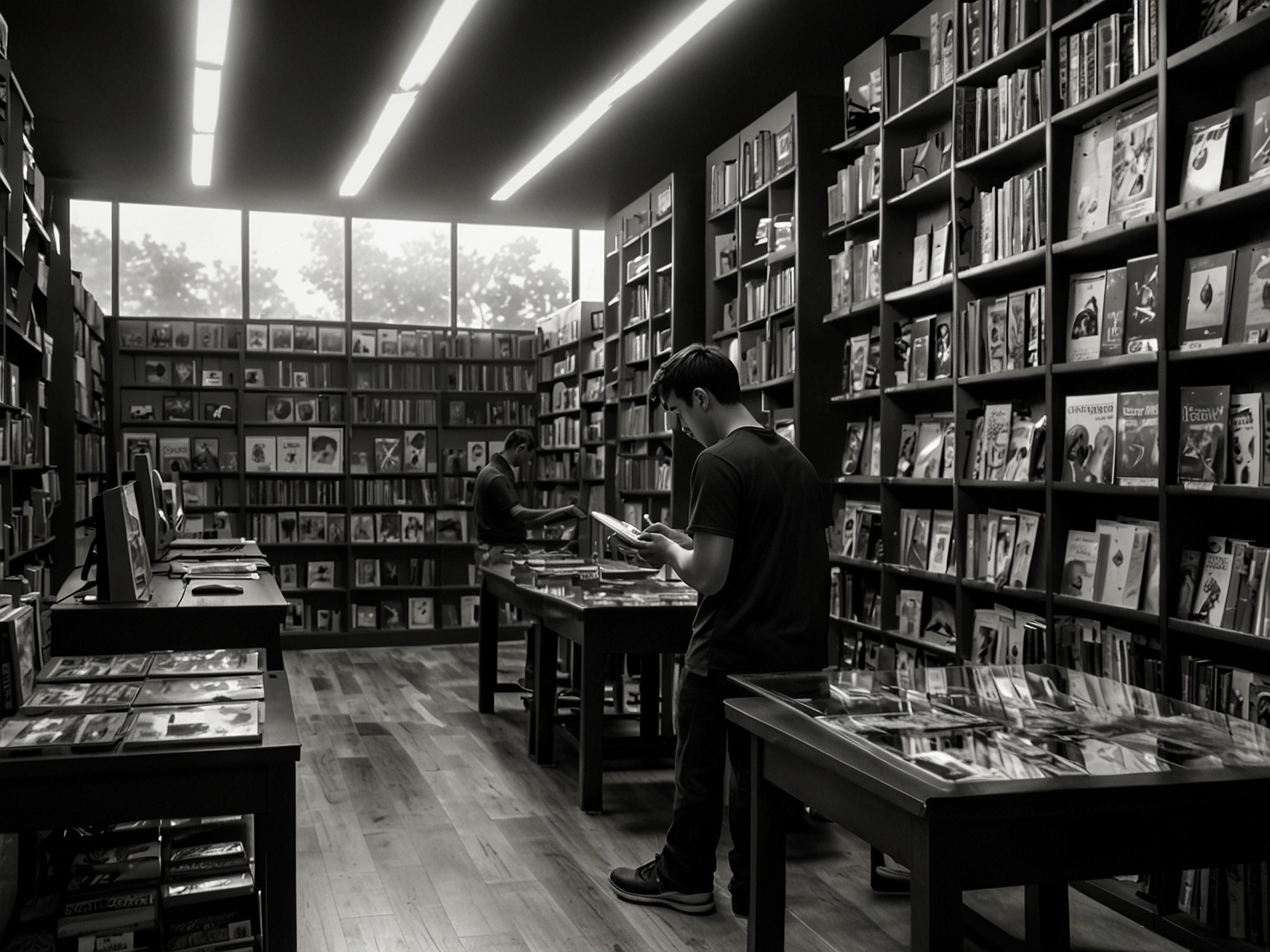 A photograph of a gamer browsing through physical game copies at a GAME store, emphasizing the tangible benefits and collectible nature of boxed editions.