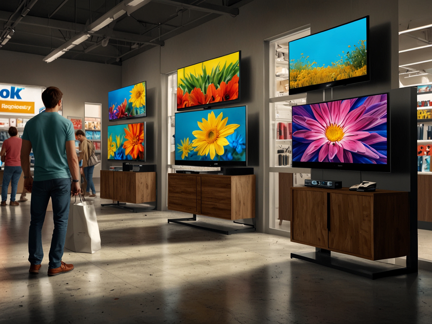 A vibrant retail display showcasing a variety of discounted 4K TVs at Walmart. Customers browse through the high-quality models from brands like Samsung, LG, and Sony, taking advantage of massive savings.