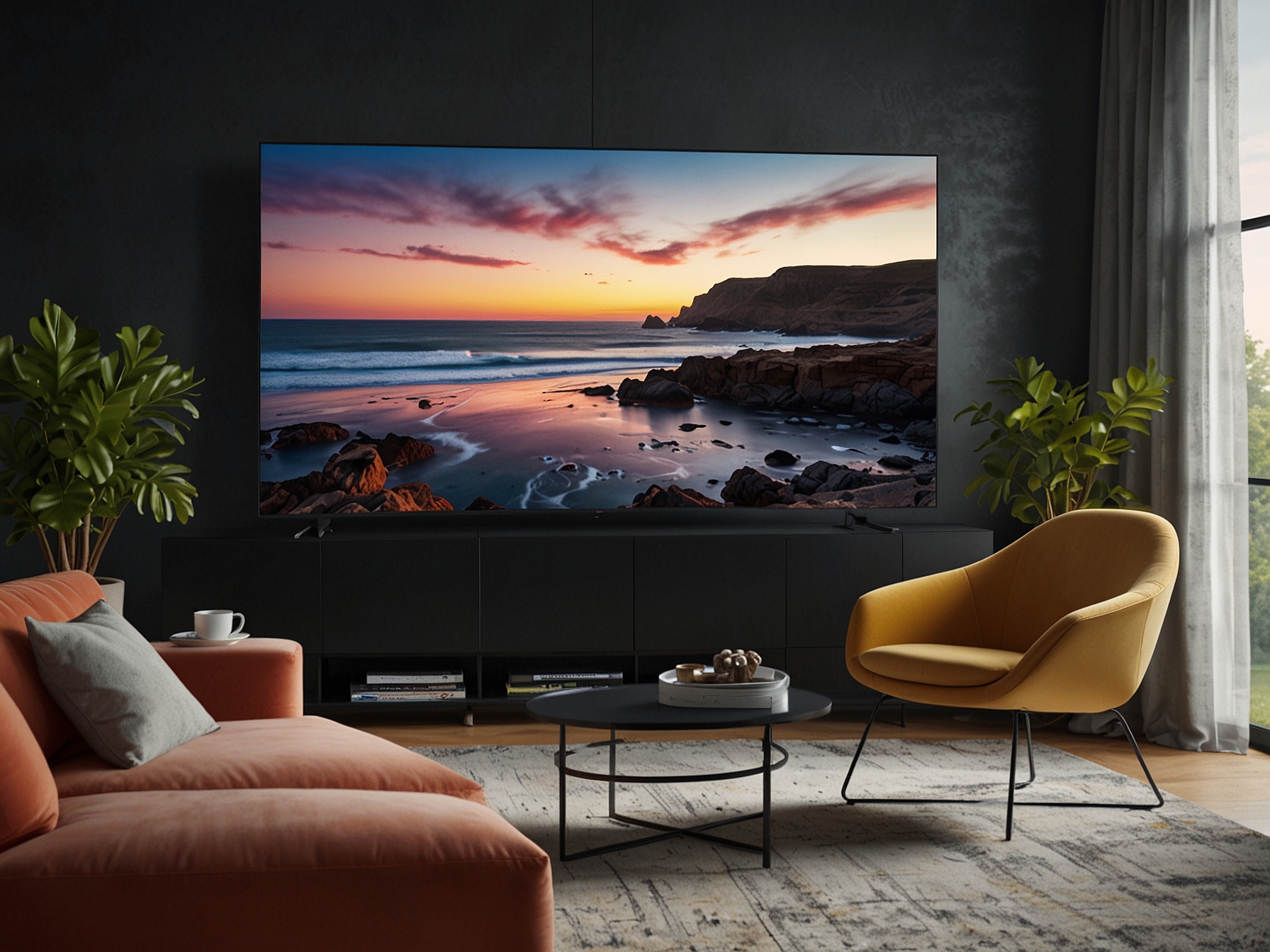A home entertainment setup featuring a sleek, wall-mounted Samsung 75-inch Class QLED Q80T Series TV. The screen displays a vivid, colorful scene, illustrating the superior picture quality of discounted 4K TVs.