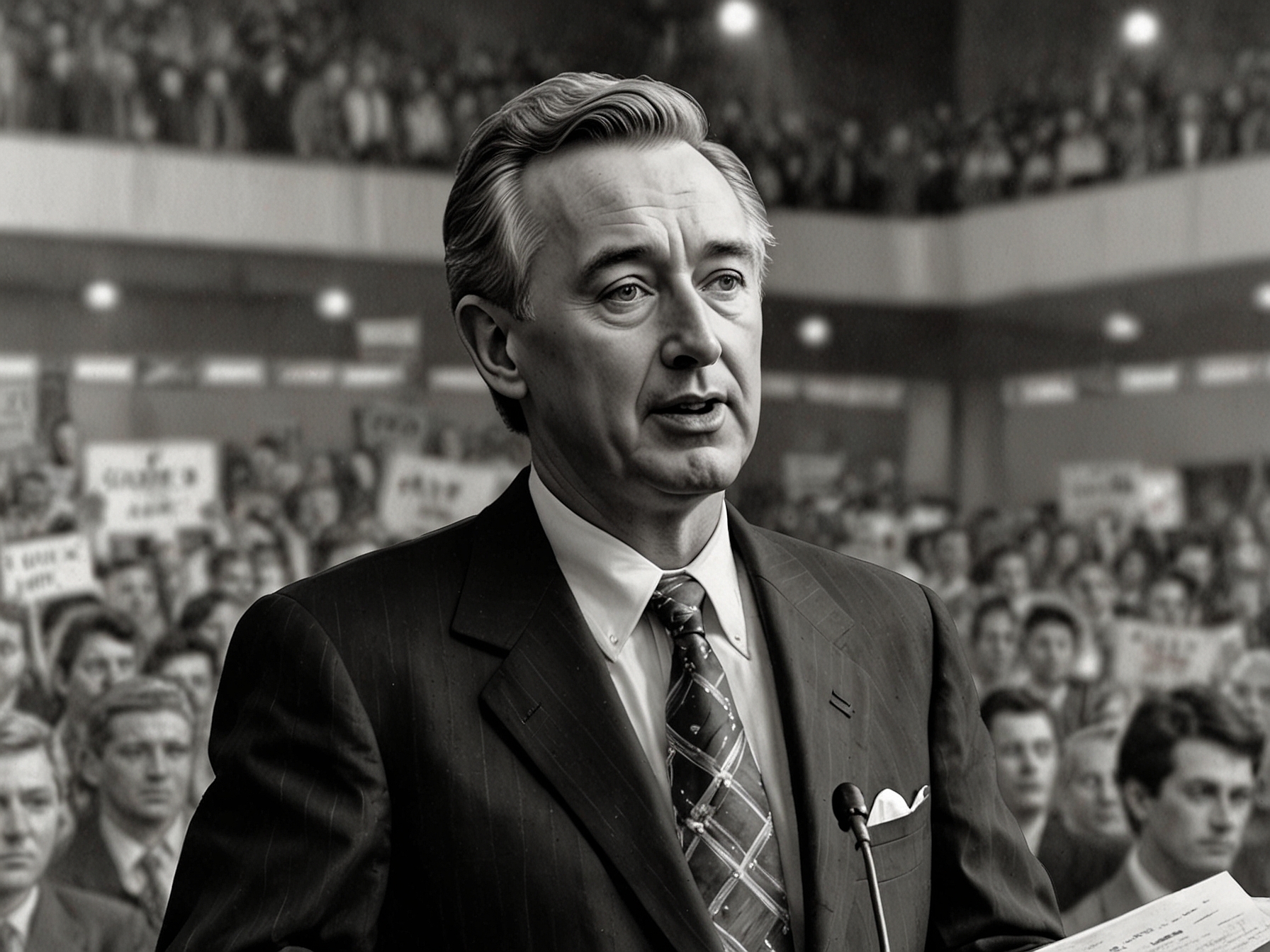 A historical image of Preston Manning addressing a crowd in Canada during the 1993 campaign, emphasizing his role in the Progressive Conservative Party's downfall.