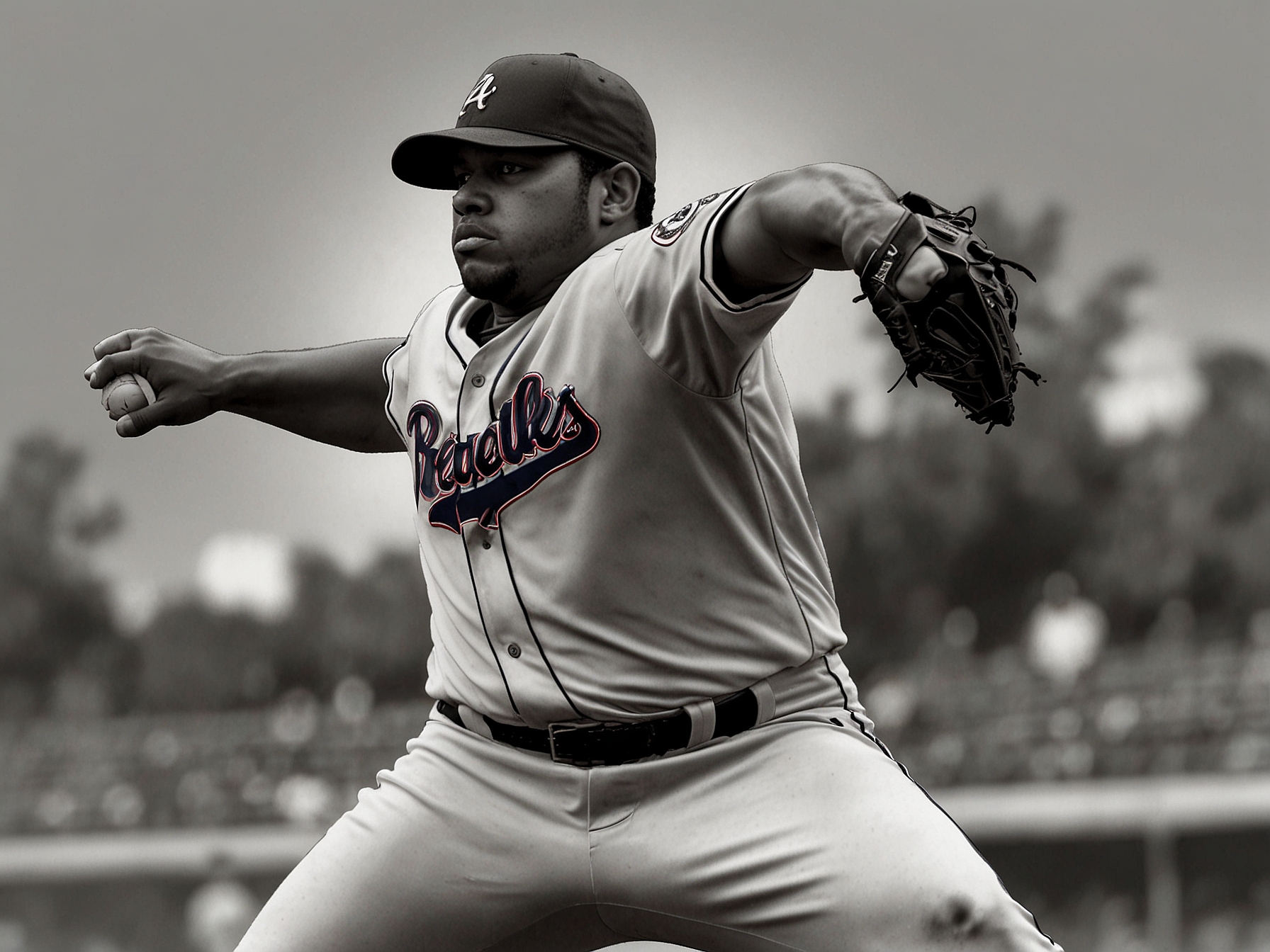 Yoendrys Gomez on the mound delivering a pitch, his focused expression and dynamic motion capturing the intensity of the critical game against the Atlanta Braves.