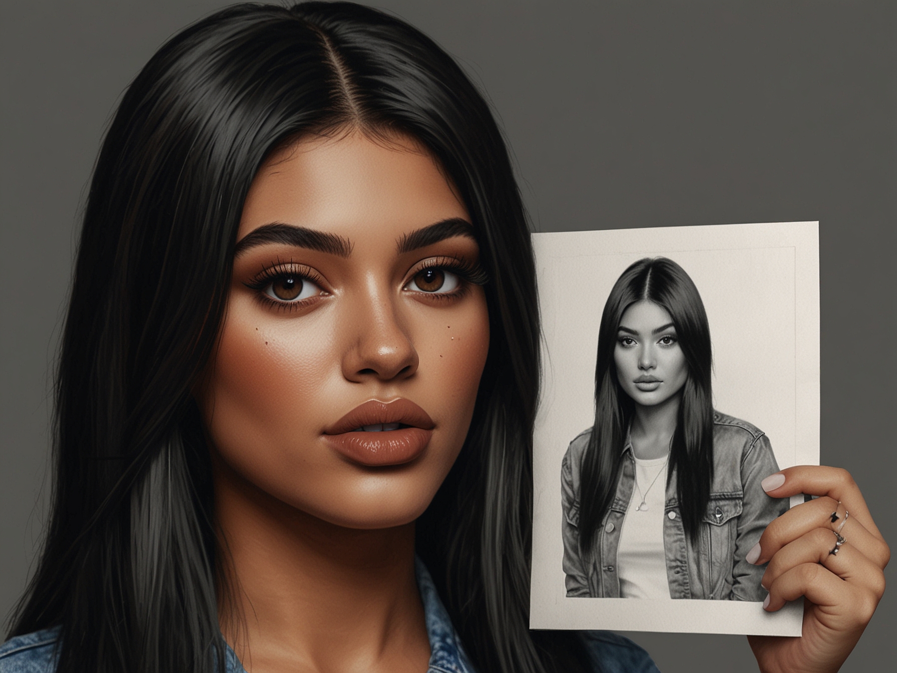 A close-up of Alliyah showing her holding a photo of Kylie Jenner. Her face reflects both admiration and determination, symbolizing her internal struggle with self-image and societal beauty standards.